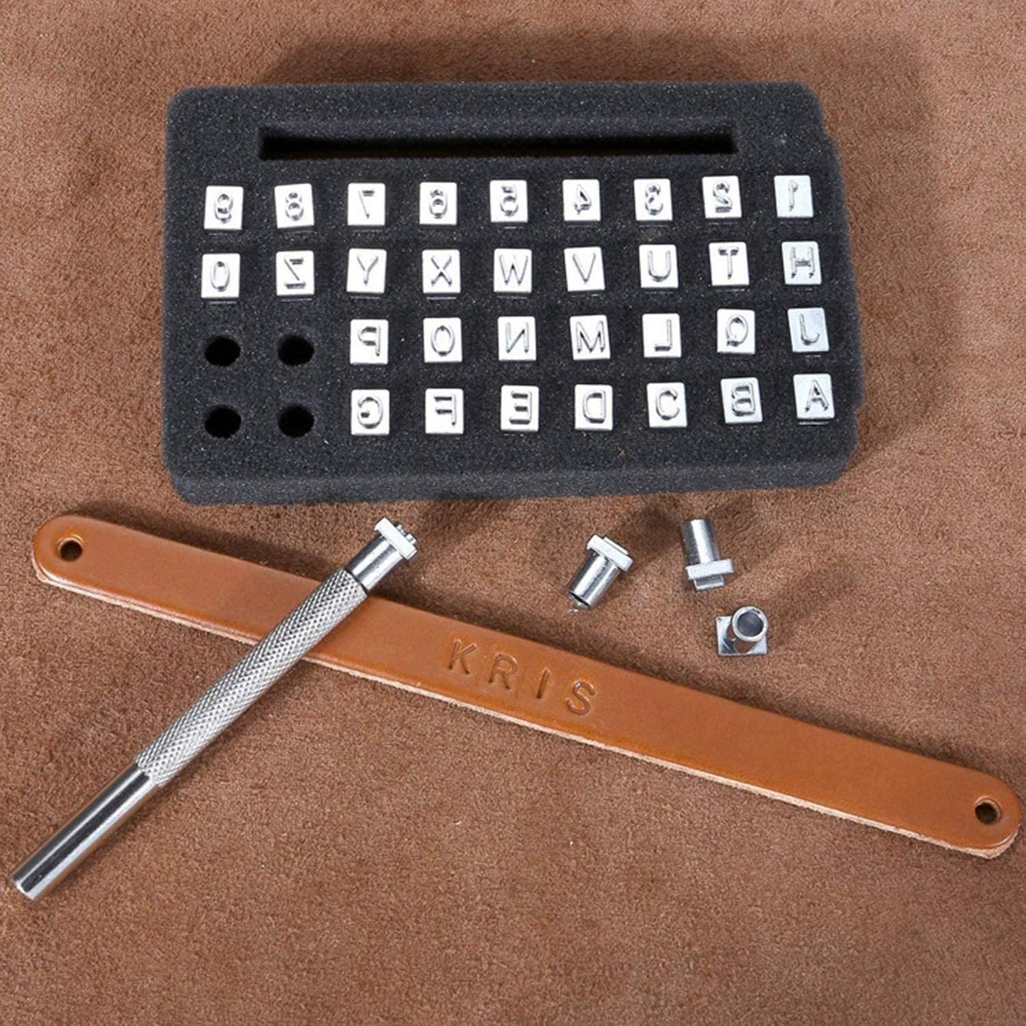 26 PCS Capital Leathercraft Metal Letter Stamps Punch Set, 1/4”(6mm) Steel Printing Punch Alphabet Letter Stamp Tool Capital Letters Printing Copper with A Pole,DIY Kit