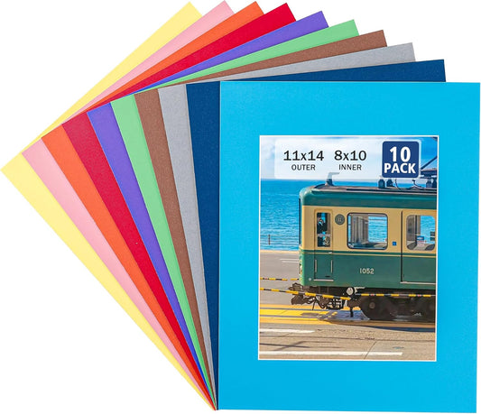 HOTUO 10 Pack 11x14 Mixed Colors Picture Mats, 4 Ply Thickness Frame Mattes for 8x10 Photo, Photo Mat with Core Bevel Cut, for Frames/Artwork/Print/Pictur(with V-Groove)