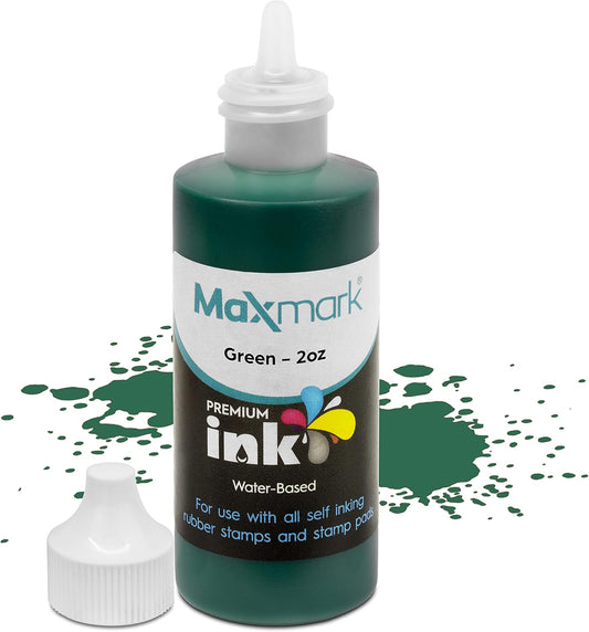 MaxMark Premium Refill Ink for self Inking Stamps and Stamp Pads, Green Color - 2 oz.