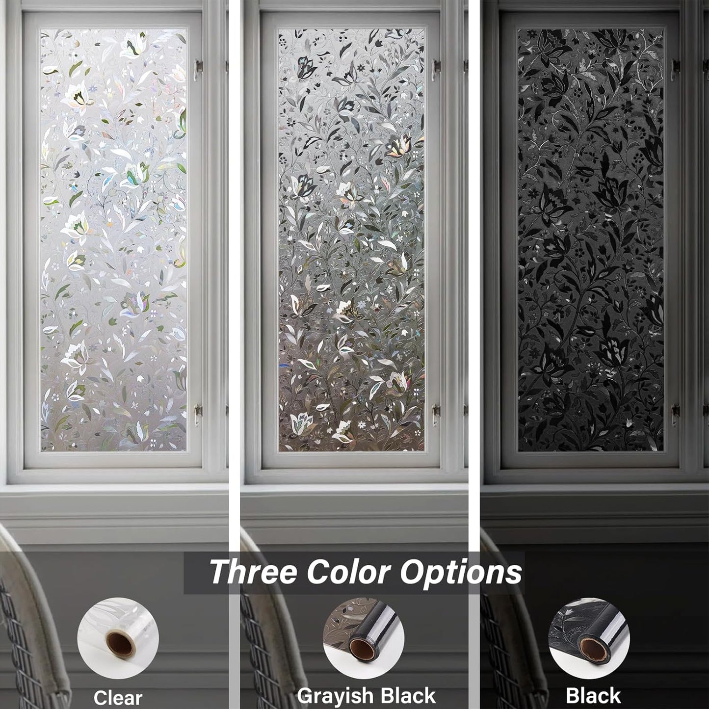 LEMON CLOUD Window Film, Decorative Window Privacy Film, Window Film Privacy Static Cling Frosted, Anti-UV Sun Blocker Heat Control for Home(Grayish Black, 17.5 x 78.7 inches)