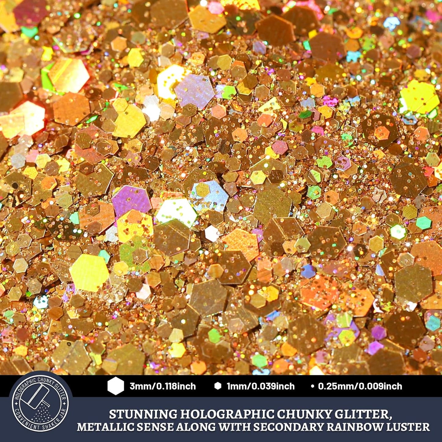 LEOBRO Ancient Gold Glitter, 160g/5.64oz Holographic Chunky Glitter for Crafts, Resin, Nail Body, Tumblers, Party Decorations