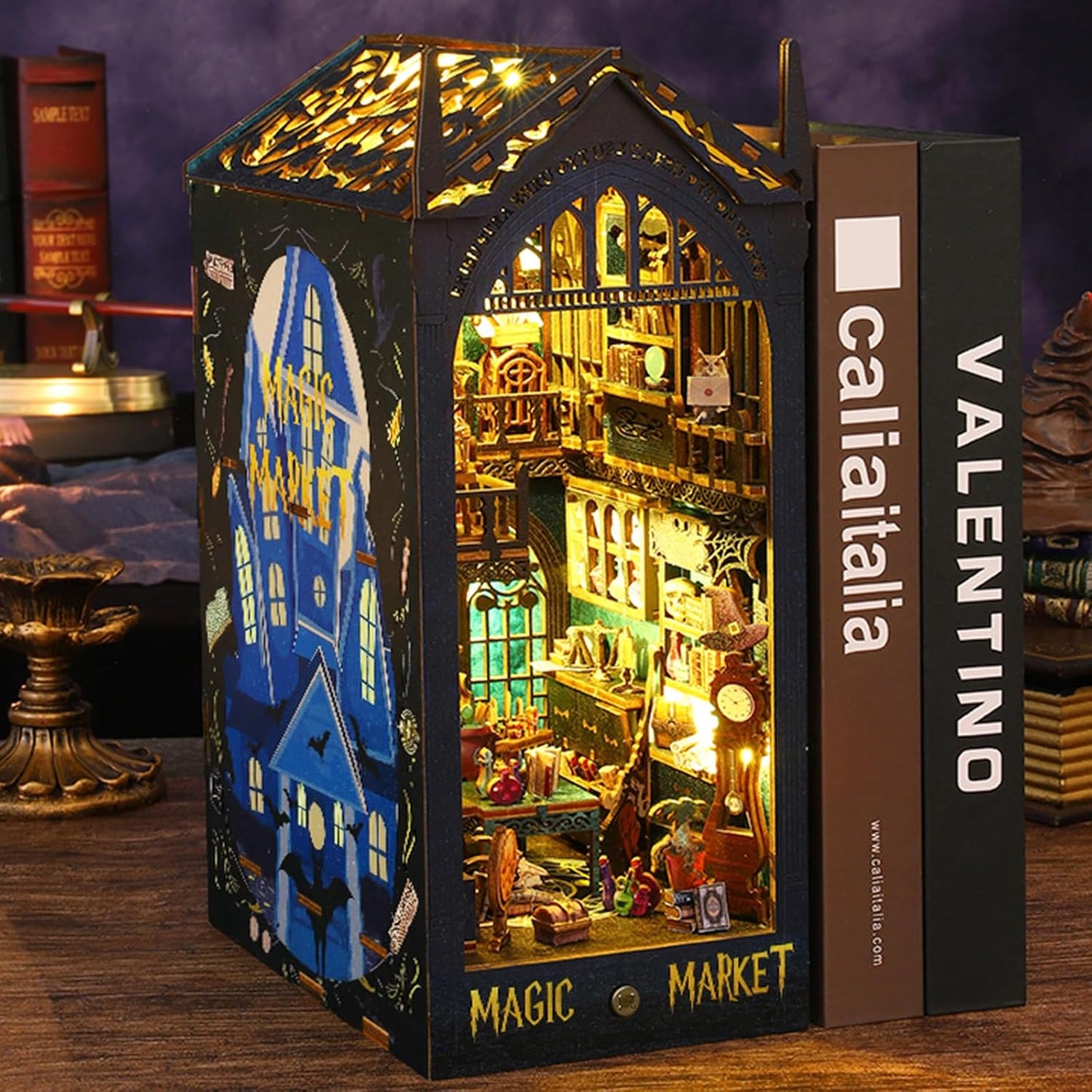 ISSEVE DIY Book Nook Miniature Kits for Adults, 3D Wooden Puzzle Dollhouse Miniature House Kit for Booknook Shelf Insert Decor, Creative Assembled Bookends Bookshelf with Sensor Light (Magic Market)
