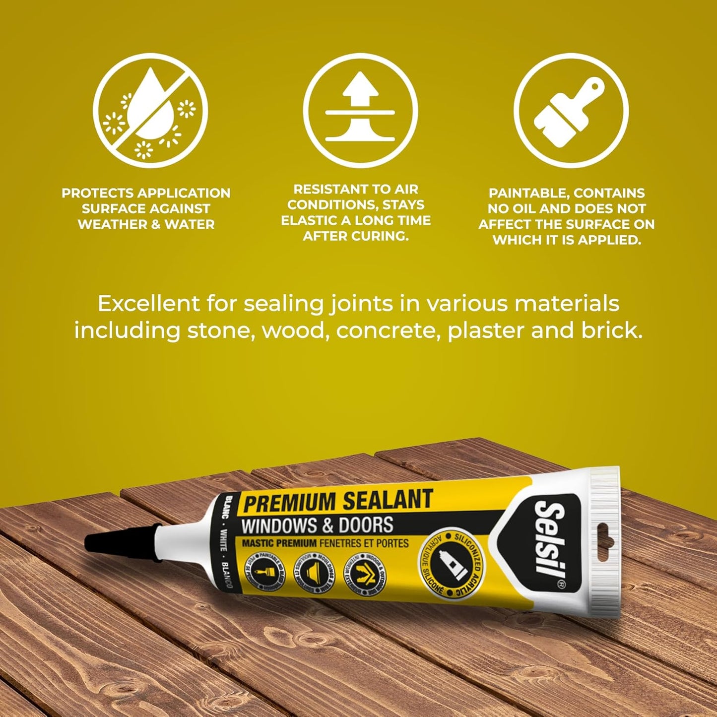 Selsil Siliconized Super Acrylic Latex Sealant, Indoor & Outdoor Paintable Caulk - Flexible, Weather & Moisture Resistant, White Caulking for Baseboards, Windows, Doors & More - 5.5 oz (160 ml)