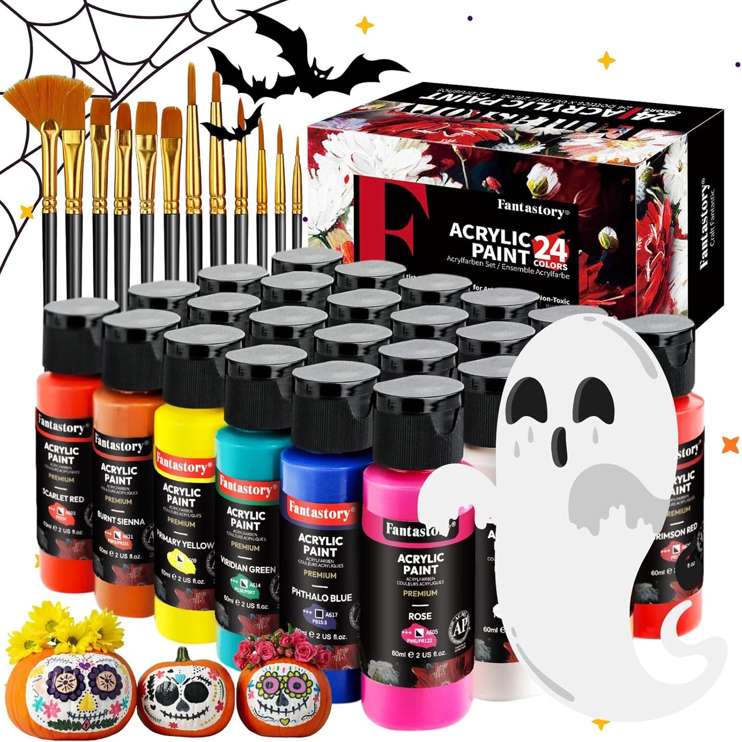 Fantastory Acrylic Paint Set 24 Classic Colors(2oz /60ml) with 12 Brushes, Professional Craft Thick Paints Kits for Adults, Canvas Wood Fabric Ceramic Rock Painting Supplies [Professional Series]