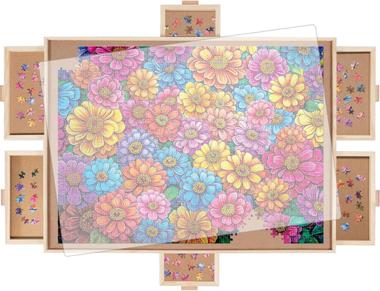 1000 Pieces Rotating Puzzle Board with 6 Drawers, Lazy Susan & Transparent Cover, 30.2"x22.4" Portable Wooden Jigsaw Puzzle Board , Great Gift for for Puzzle Enthusiasts