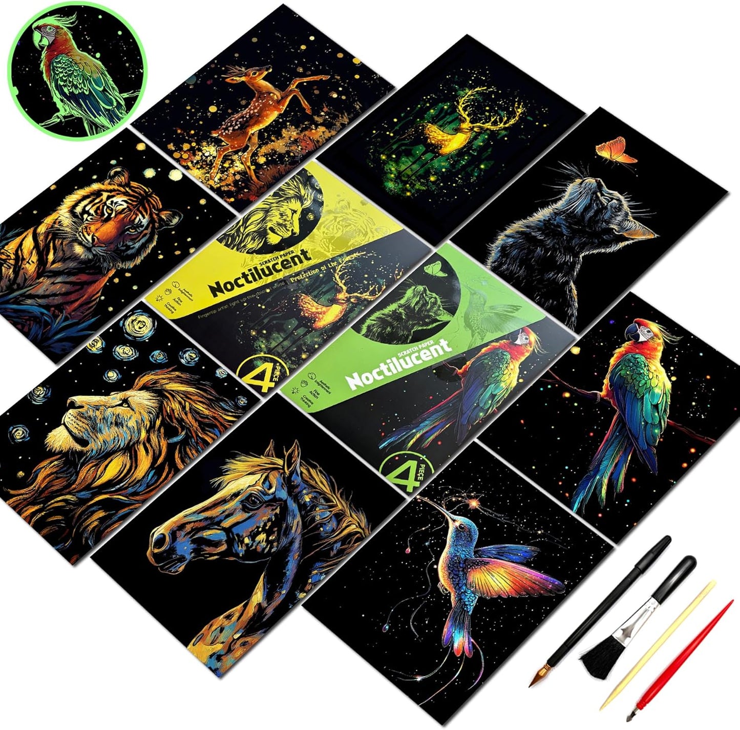 Scratch Paper Art for Adults-Glow in The Dark Scratch Painting Craft Kit (8 Sheets A5)|DIY Foil Engraving Art Set|Stress Relief Gift for Craft Lovers|Creative Scratch Art Home Decor(Animal Series)