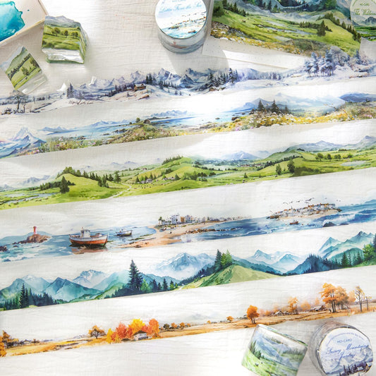 6 Rolls Landscape PET Tape,Transparent Nature Stickers for Scrapbook Supplies,Diaries,DIY Craft,Junk Journal,Album,Journaling(Mountain)