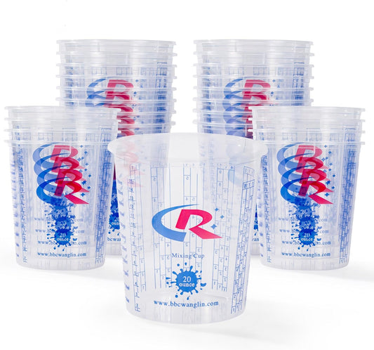 Paint Mixing Cup 20 Ounce, Accurate Measurements in Ratios and OZ. and ML, 100PCS Plastic Graduated Measuring Cups with 12PCS Lids for Paint, Resin, Epoxy, Acrylic, Pigments, Art