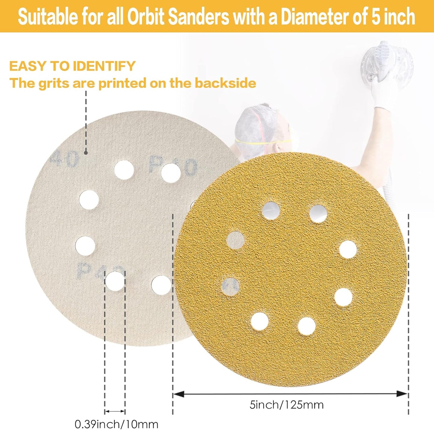 100PCS 5 Inch 8 Hole Sanding Discs 240 Grit,Gold Round Hook and Loop Sandpaper for Random Orbital Sander