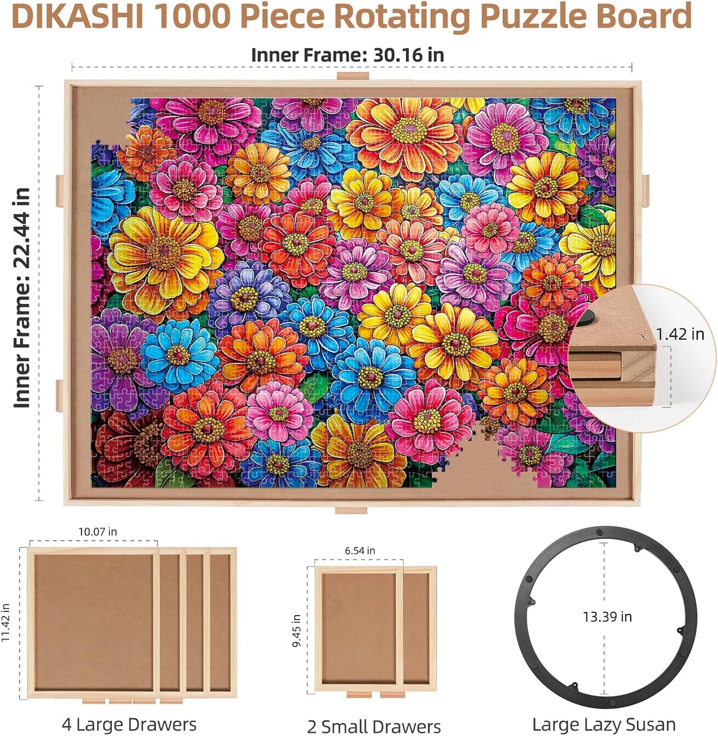 1000 Pieces Rotating Puzzle Board with 6 Drawers, Lazy Susan & Transparent Cover, 30.2"x22.4" Portable Wooden Jigsaw Puzzle Board , Great Gift for for Puzzle Enthusiasts