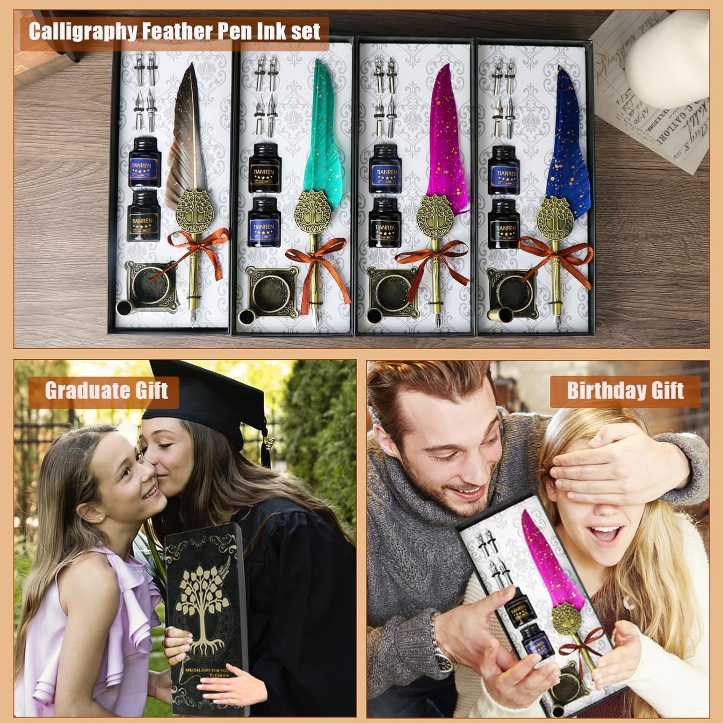 Feather Pen and Ink Set,quill pen ink set,Antique Calligraphy Pen with 4 Replaceable Nibs,2 Bottle of ink,Pen Holder Christmas Gift for Men&Women.(Green)