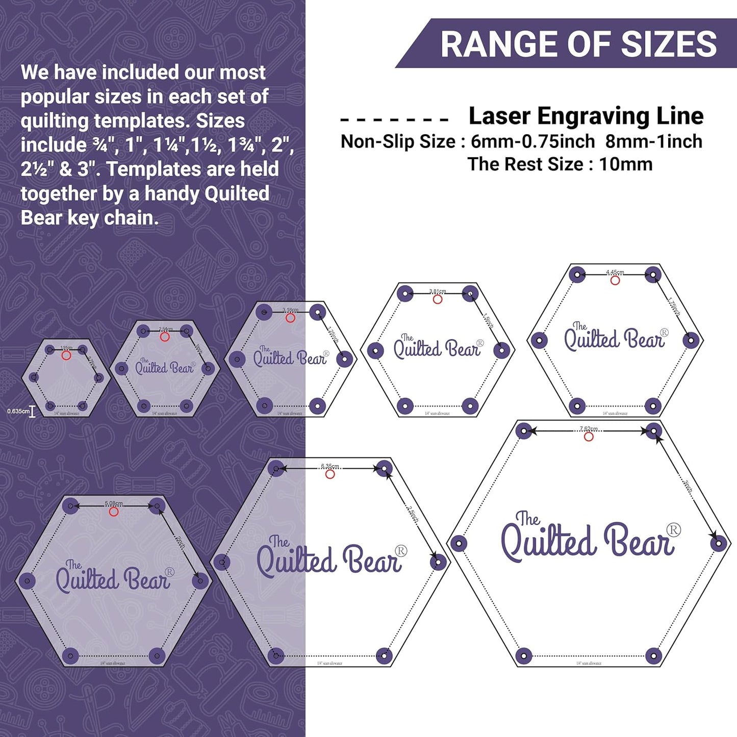 The Quilted Bear Hexagon Quilting Templates – 8 Clear Non-Slip Acrylic Quilt Templates for Precise Fabric Cutting & Stress-Free Machine Quilting - Ideal for Quilt & Sewing Supplies (¾–3")