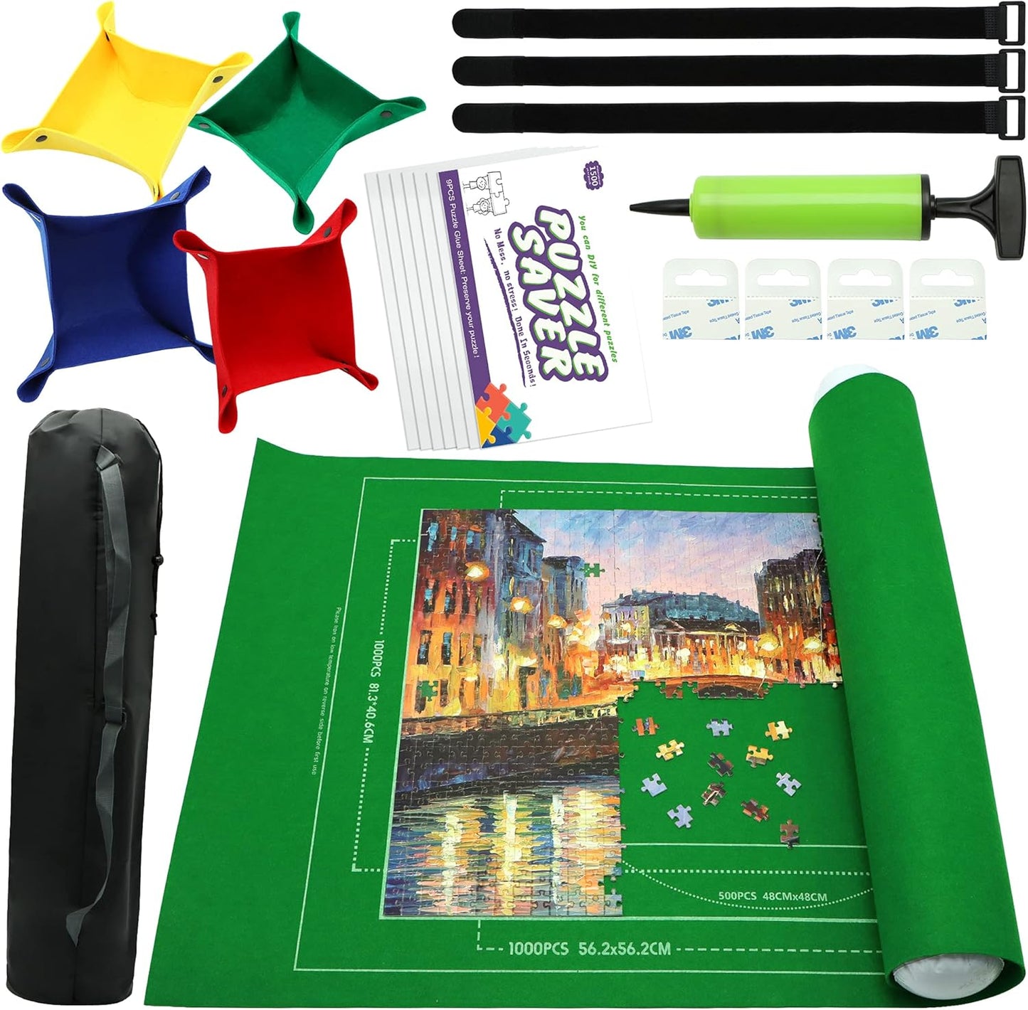 Portable Puzzle Mat Roll Up - with 9 Glue Sheets, Sorting Trays, Hand Pump, Inflatable Tube, and Storage Bag - Perfect for Kids and Adults (Green, 1500pcs)