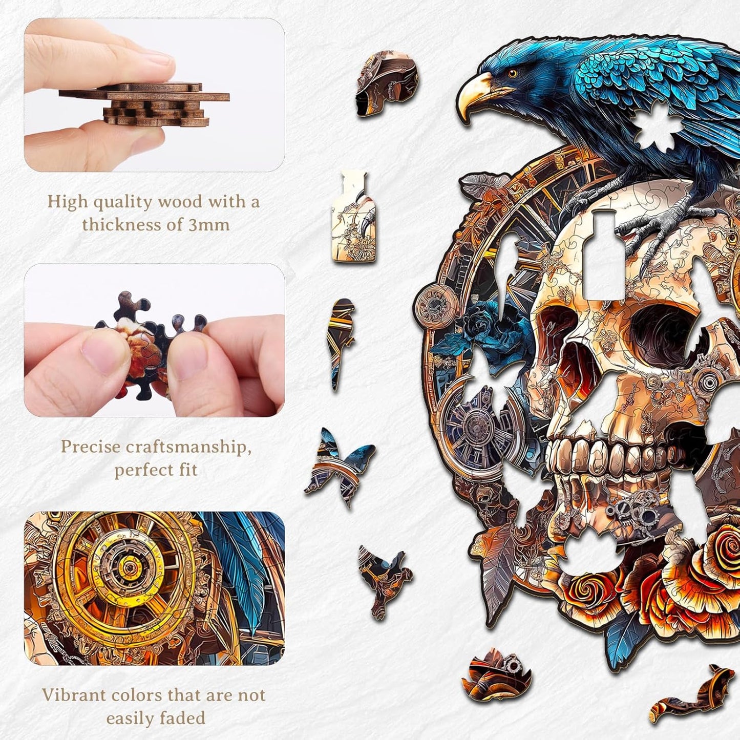 KAAYEE Wooden Puzzles for Adults, 3D Visual Effect Raven & Mechanical Skull Wooden Jigsaw Puzzle Unique Shape Wood Puzzle Adult, 3D Effect Flat Puzzle Birthday Family Games (L-13.4 * 11.9in-240pcs)