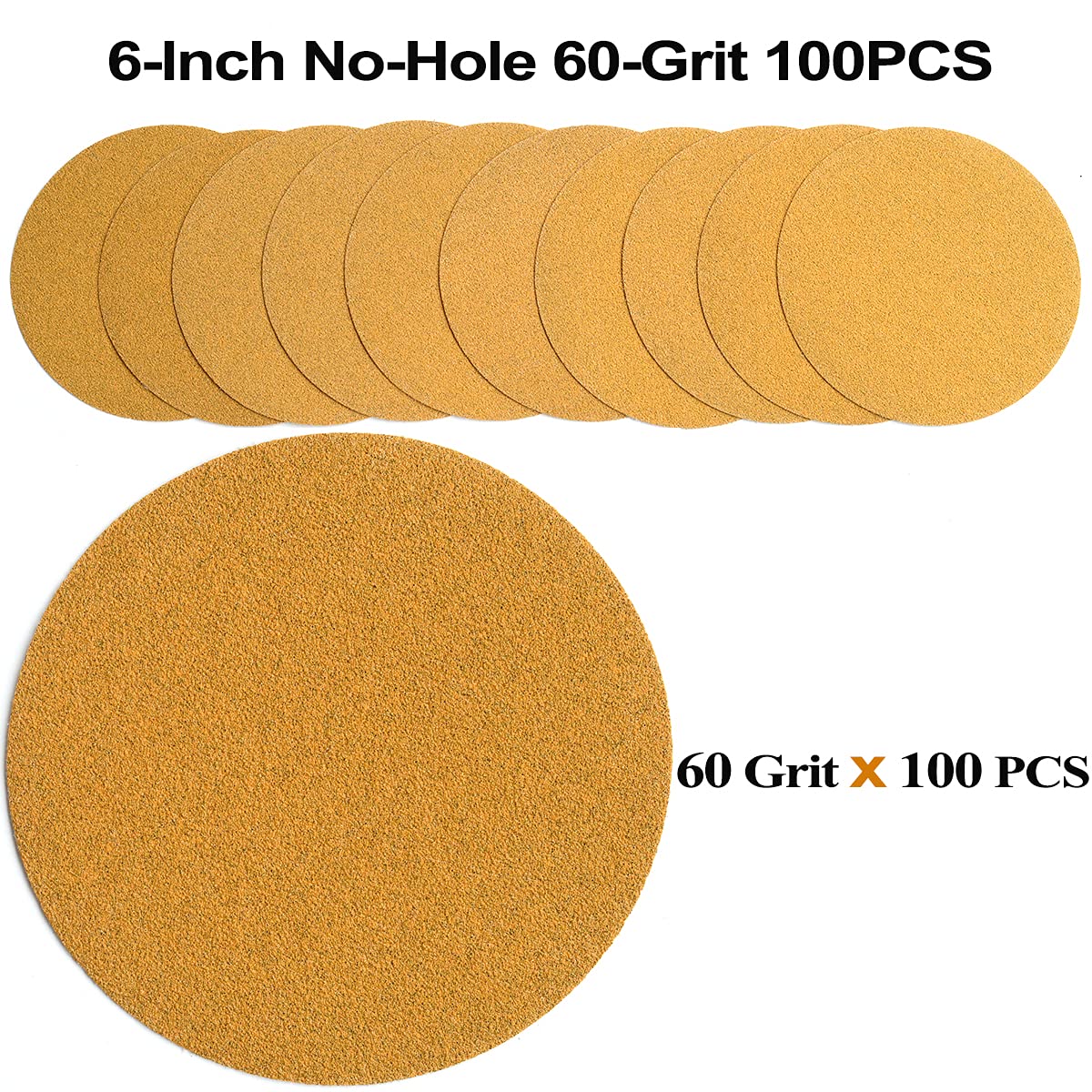 6-Inch No-Hole Hook and Loop Sanding Discs 60-Grit, Random Orbital Sandpaper for Automotive and Woodworking, 100-Pack