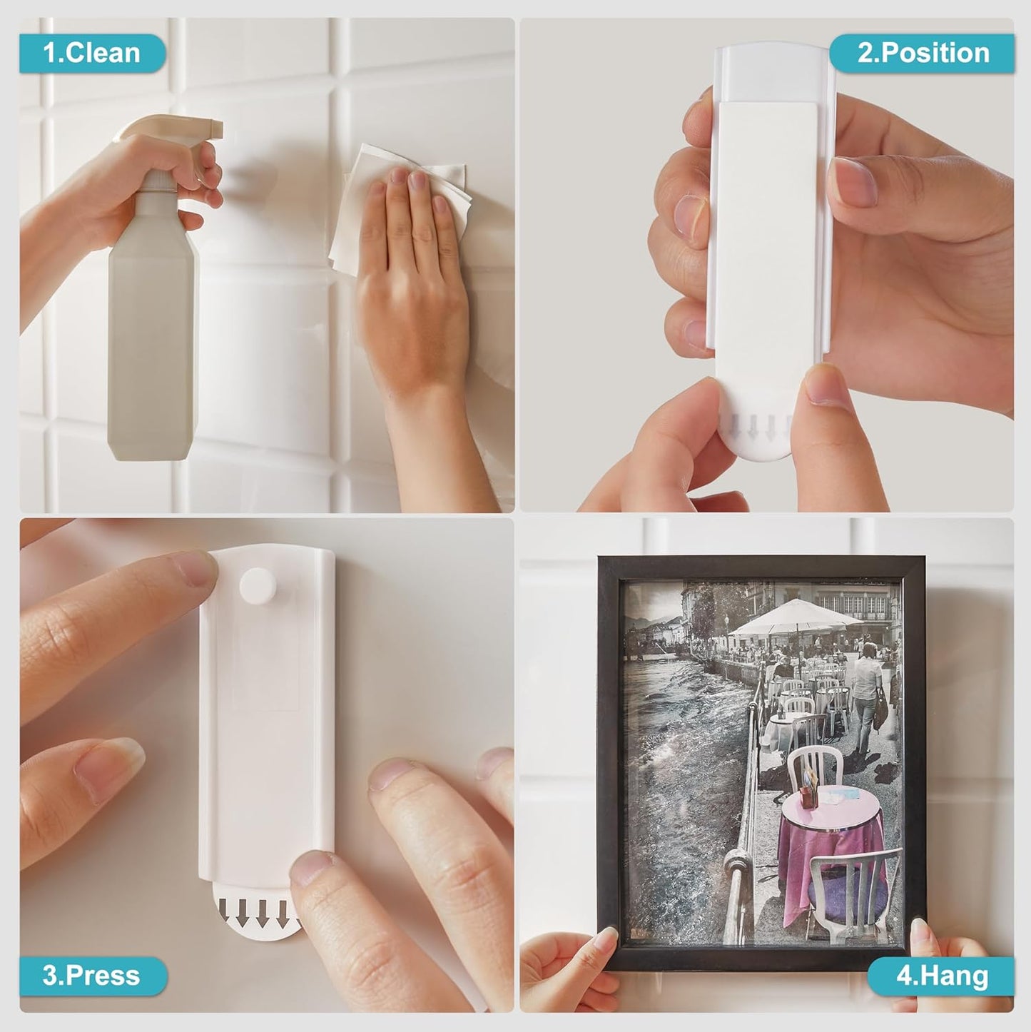 Large Universal Frame Hanger, 8 Picture Hangers, 12 Large Removable Adhesive Strips, Damage Free Picture Hanging Hooks Heavy Duty, No Nails Picture Hooks
