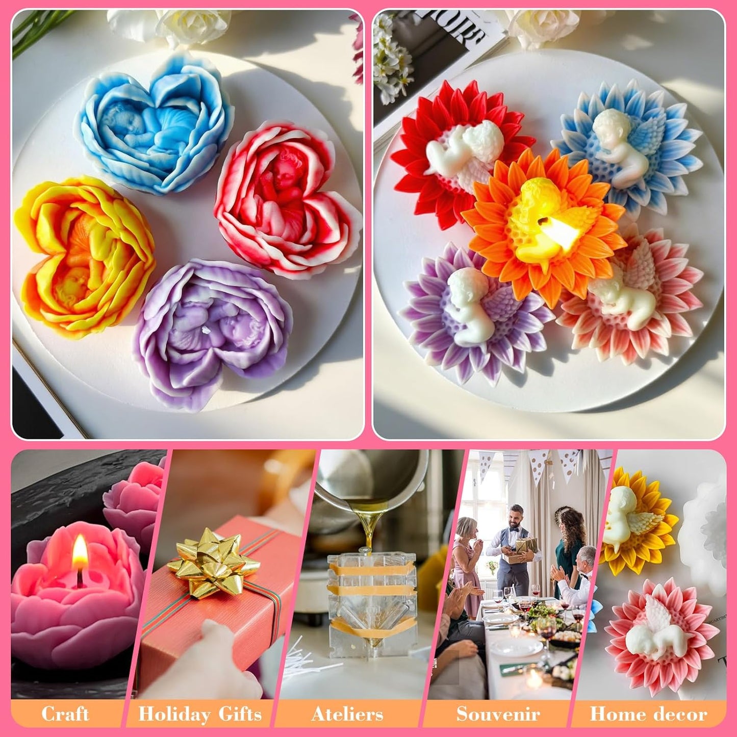 JDH 2PCS Flower Candle Molds,Heart Rose Candle Mold,3D Angel Baby in Sunflower Silicone Mold soap Silicone Molds for Home Decor Mother's Gift Baby Shower Wedding Decor