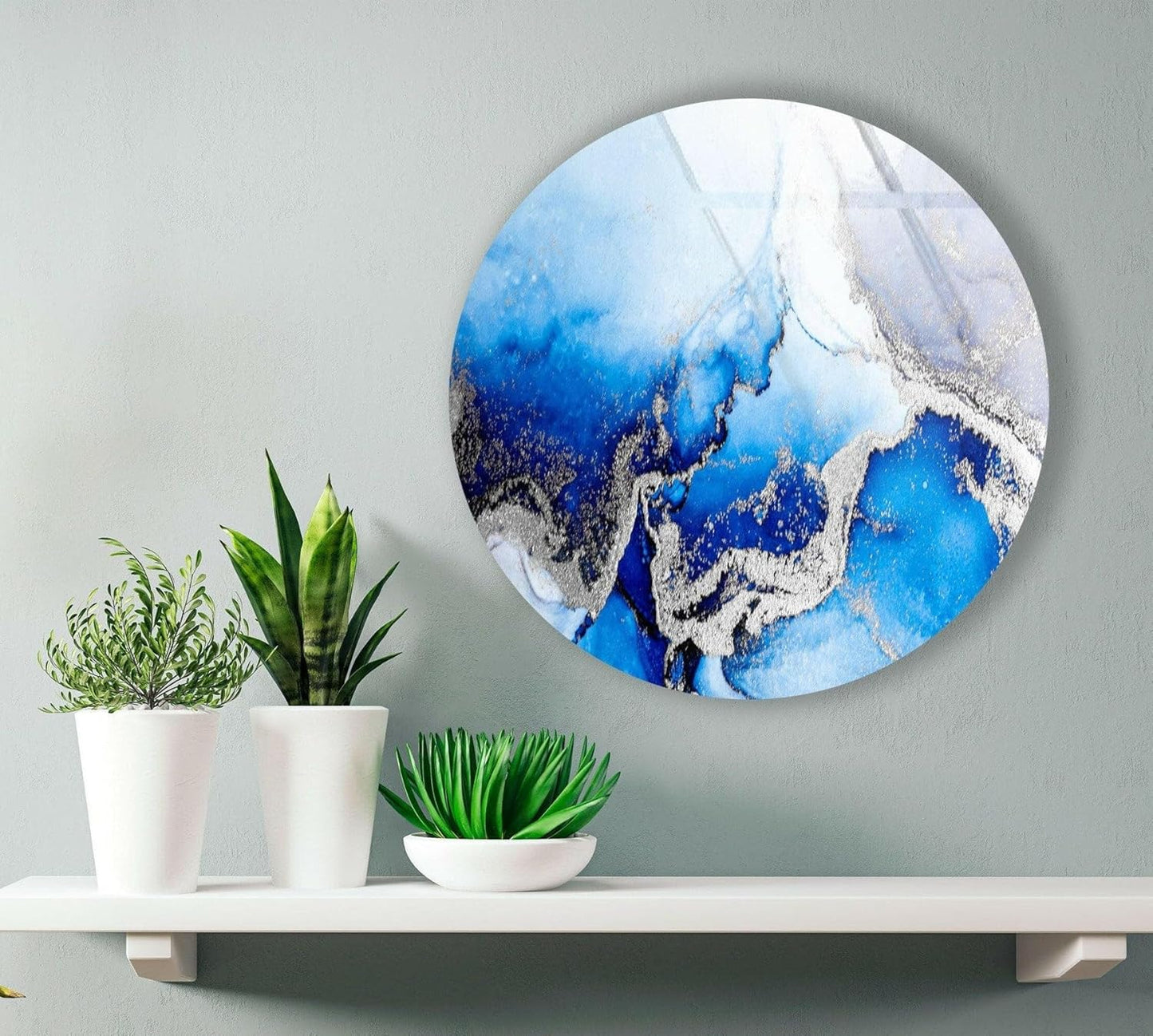 My Photostation.com 39,4''(100cm) Diameter Blue Marble Round with Silver Details Glass Wall Art Tempered Glass Printing Wall Decor Large Wall Art Wall Hangings