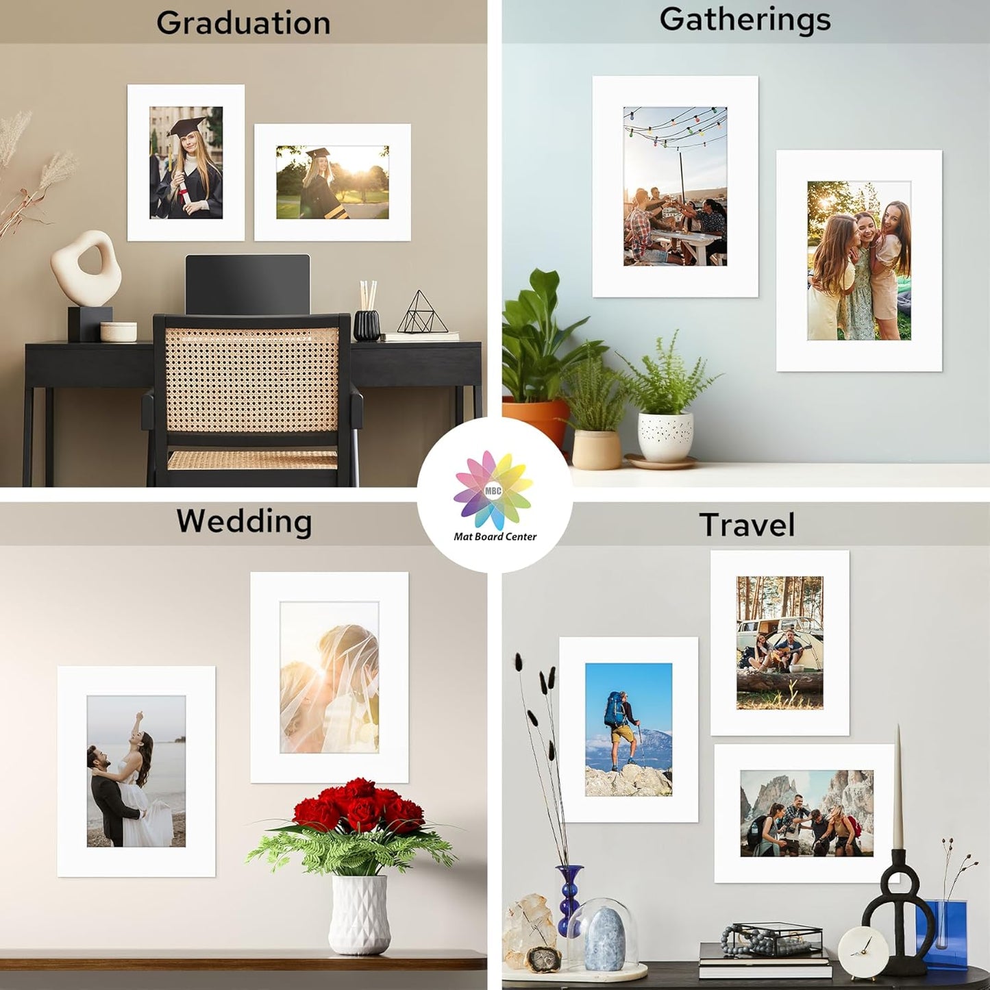 Mat Board Center, 12x16 White Mats for 8x12 Pictures - Acid Free, 4-ply Thickness, White Core, Bevel Cut - for Artworks, Photos, Framing - Pack of 12