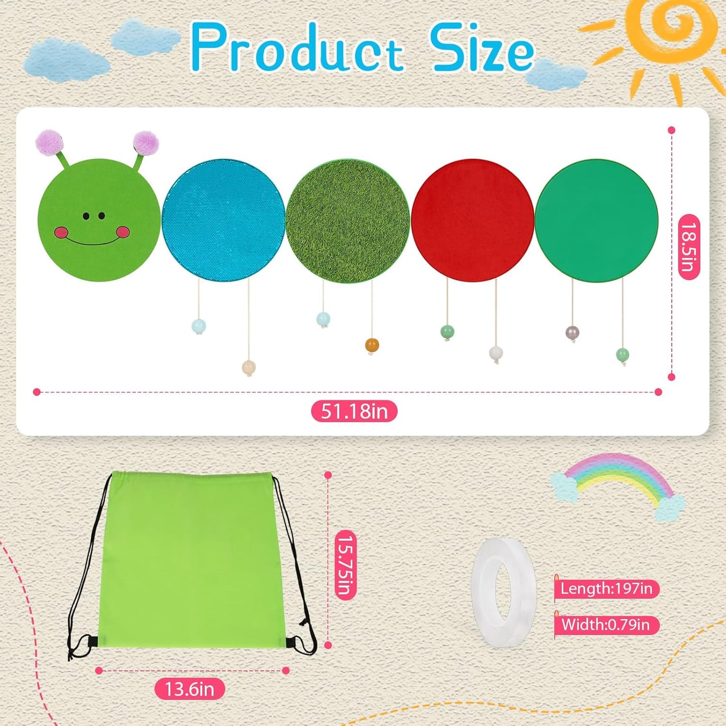 Sensory Wall Panel for Kids, Sensory Toys for Wall ＆ Floor, Sensory Mats for Autistic Children and Toddlers, Wall Busy Board Sensory Room Must Haves (Caterpillar)