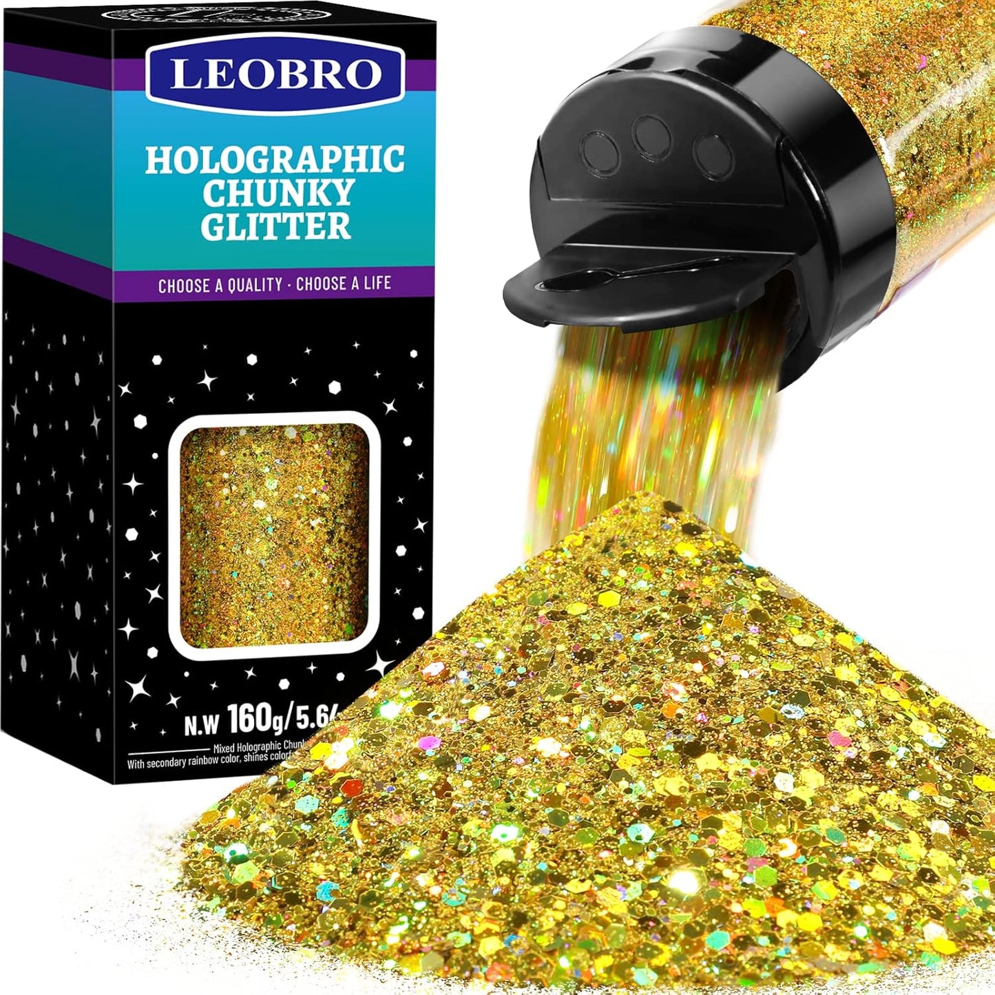 LEOBRO Gold Glitter, 160g/5.64oz Holographic Chunky Glitter for Crafts, Resin, Nail Body, Tumblers, Party Decorations