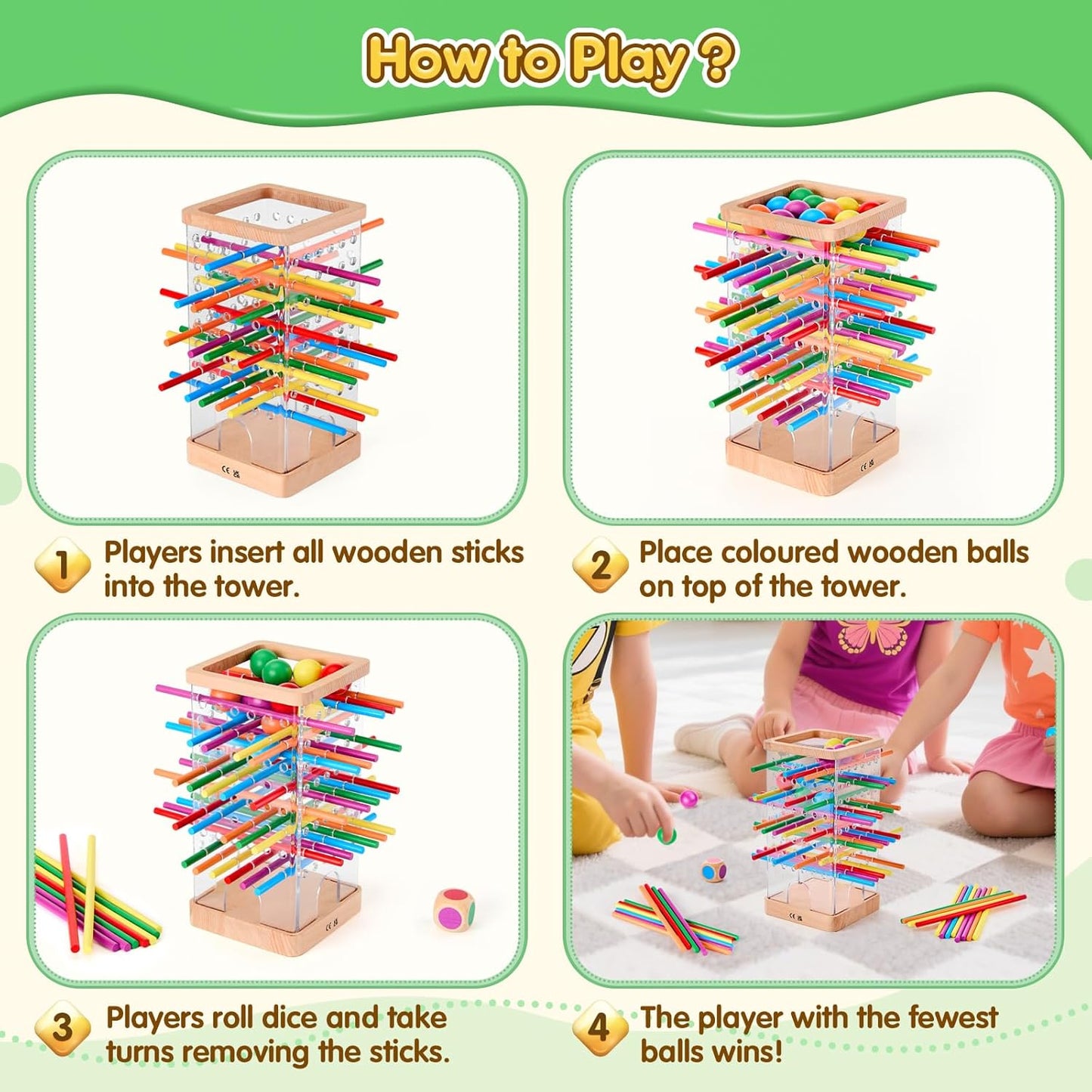 Montessori Wooden Board Games, 48 Colorful Sticks Dice Game with 12 Balls, Family Game for Kids and Adults, Math Educational Toys for 3 4 5 6 Years Old, Fine Motor Skills Toy Gifts for Boys and Girls