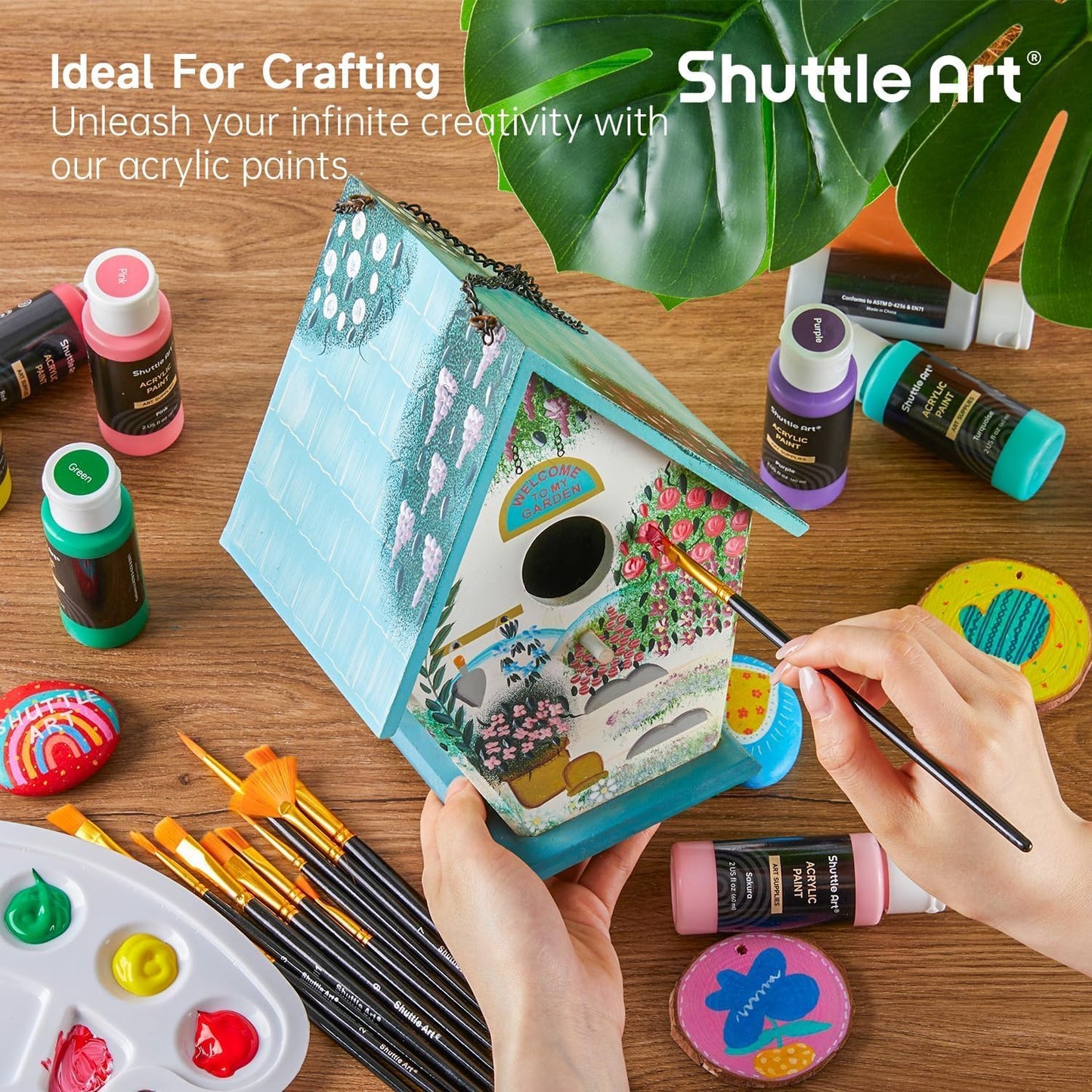 Shuttle Art 80 Colors Acrylic Paint, Acrylic Paint set with 12 Paint Brushes, 2oz/60ml Bottles, Rich Pigmented, Premium Paints for Artists, Beginners and Kids on Canvas Rocks Wood Ceramic