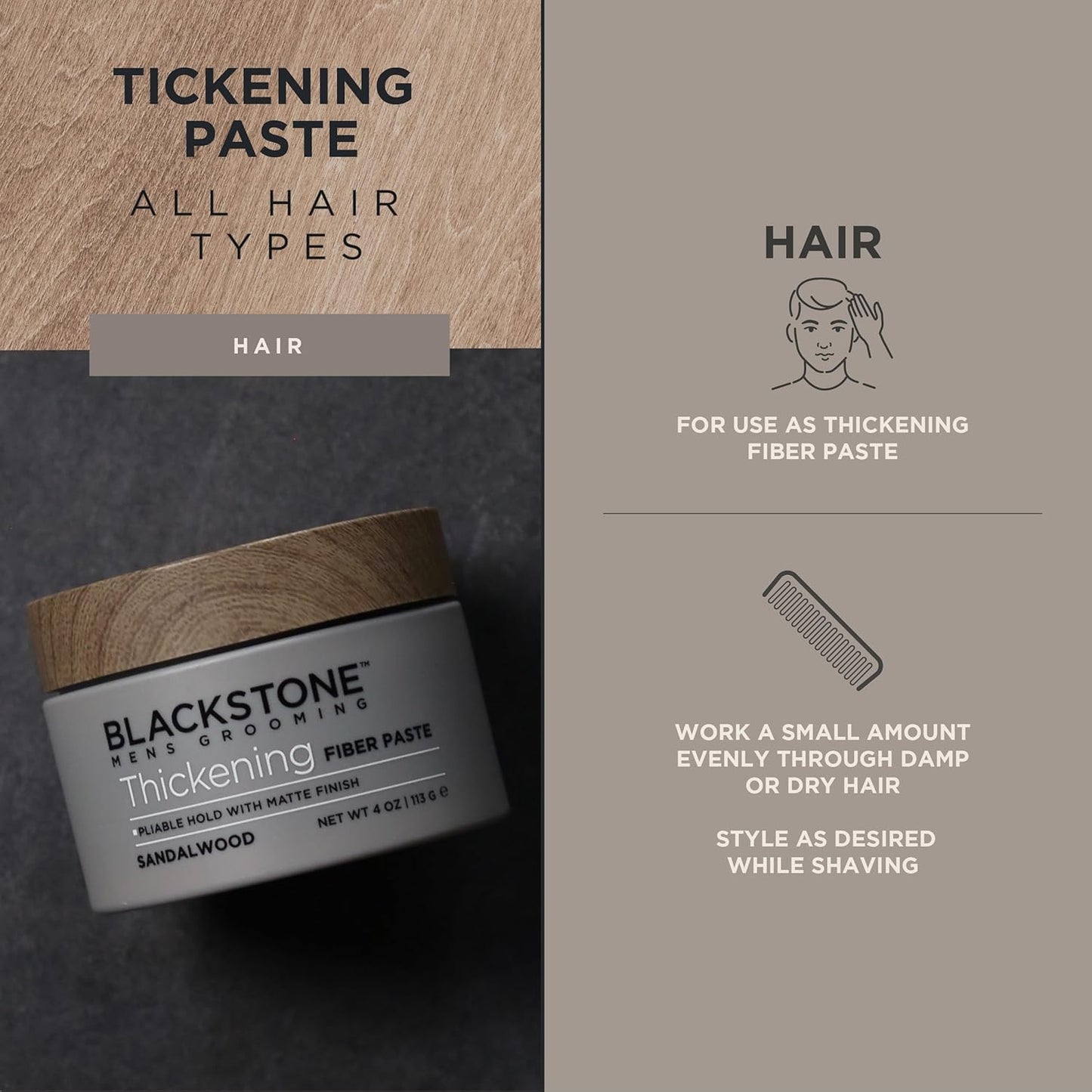 Blackstone Men's Grooming Thickening Fiber Paste Gel for Hair Styling - Adds Volume with Pliable Hold & Matte Finish | Paraben & Cruelty Free | Made in USA, Sandalwood (4 Oz, 2 Pack)