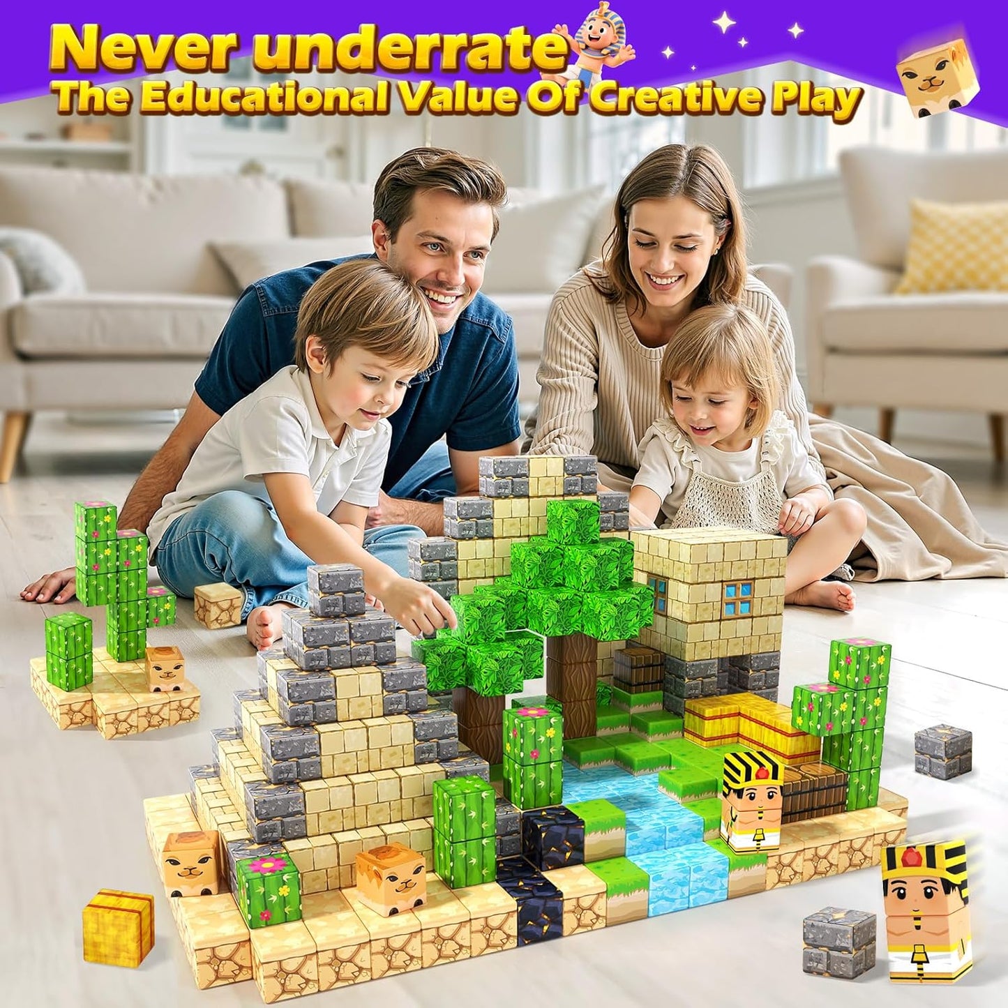 Large Magnetic Blocks Kids Toys, Sensory Learning Toys, Mine Magworld Building Craft, Desert Construction Set, 1“ Magnetic Building Cubes, Game Gift for 3+ Year Old Boys Girls