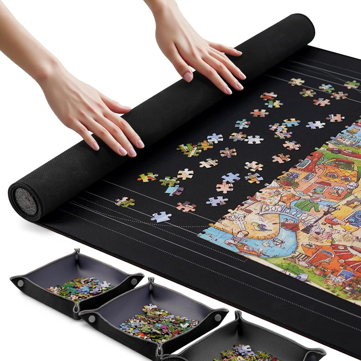 Puzzle Mat Roll Up with Drawstring Storage Bag, Portable Saver Pad 46” x 26” Up to 1500 Pieces with Non-Slip Rubber Bottom & Smooth Top + 4 Puzzle Sorting Trays & Travel-Friendly Storage Bag