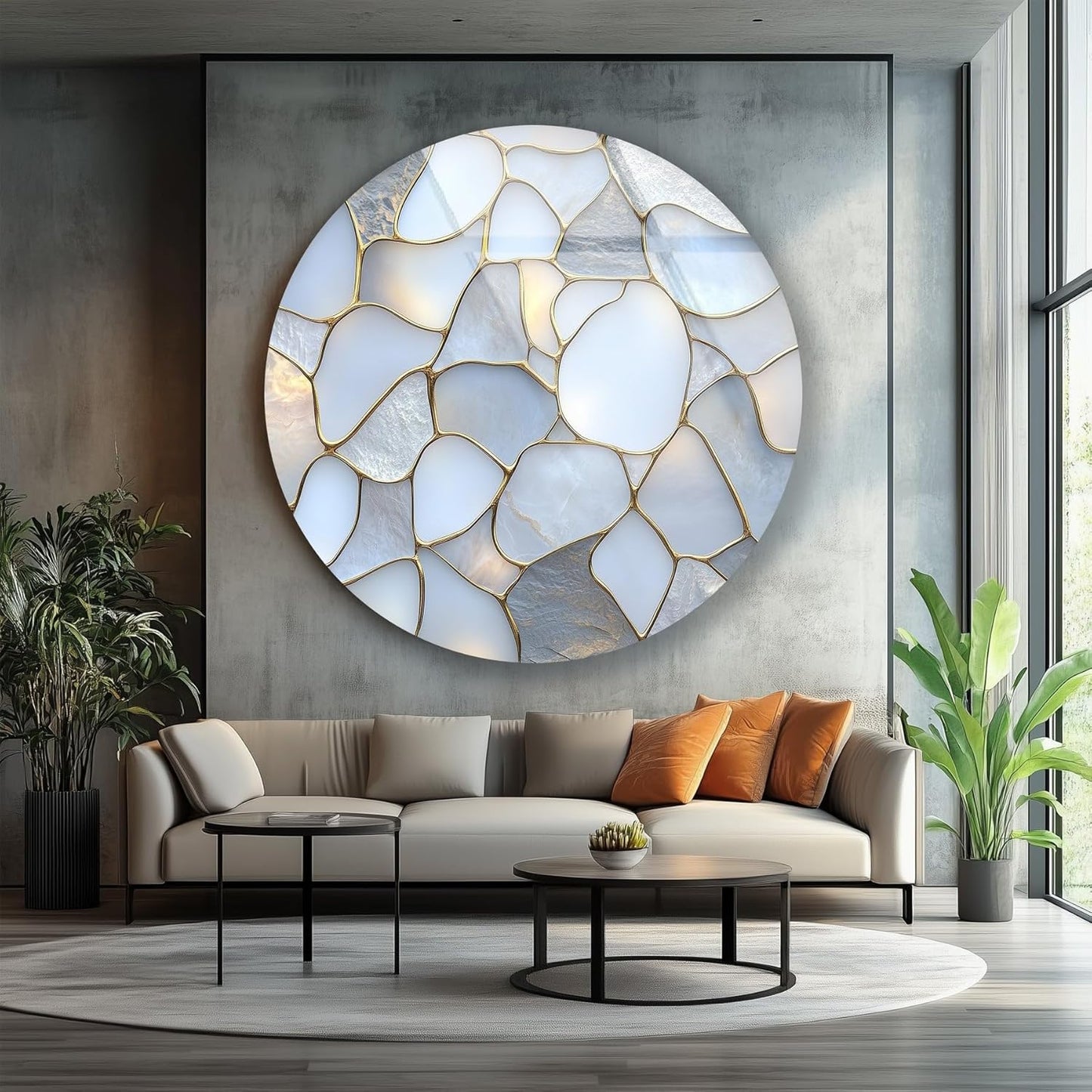 My Photostation.com 24''(60cm) Diameter White Stone Mosaic Round Glass Wall Art Tempered Glass Printing Wall Decor Large Wall Art Wall Hangings