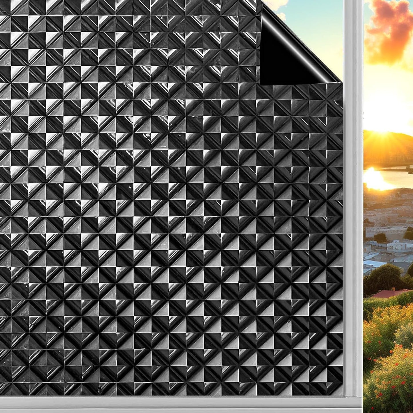 Qualsen Blackout Window Film, 𝟑𝐃 𝐕𝐢𝐬𝐮𝐚𝐥 𝐀𝐩𝐩𝐞𝐚𝐥 100% Light Sun Blocking Privacy Film for Glass Windows, Removable No Glue Black Out Window Tint for Home Day Sleep Garage 35.4×118inch