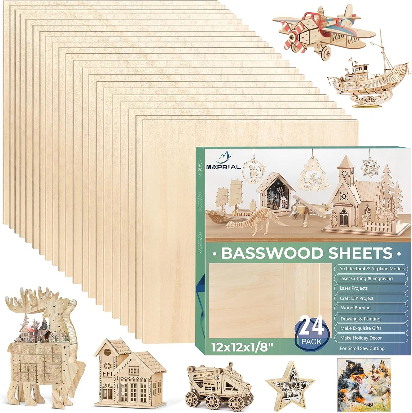 24 Pack 12x12x1/8 Inch Basswood Sheets, MAPRIAL Smooth 3mm Plywood for Laser Cutting, Unfinished Wood Board for Engraving, Wood Burning, Painting, Crafts, Ornaments, Models, Cutter, Engraver, Gifts