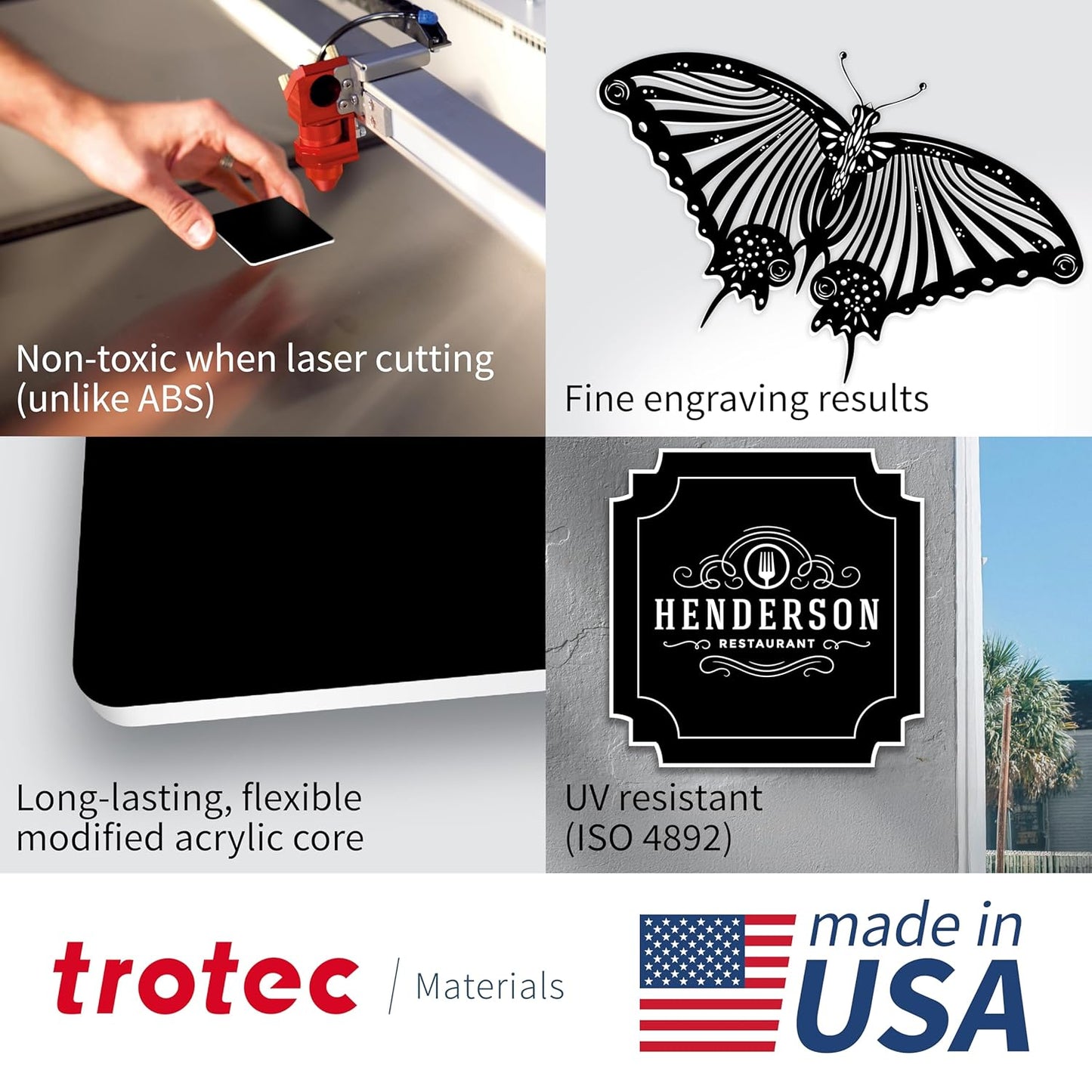 Trotec TroLase | 12"x24"x1/16", 4 Pcs | Black/White | 2 Ply | Modified Acrylic | Laser Engraving Double Color Plastic Sheet | Engraving Blanks for Laser, Saw, Guillotine | Made in USA