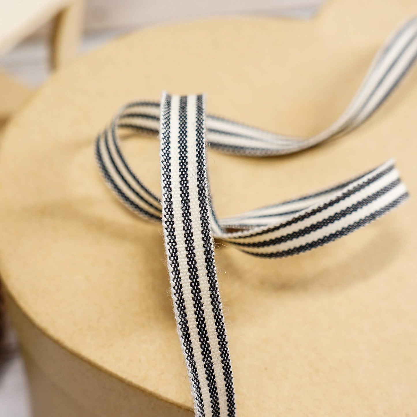 CT CRAFT LLC Ivory Cotton Black Stripes Ribbon 3/8" x 10 Yards for Home Décor Gift Present Wrapping DIY Crafts Birthday Wedding Bouquet Christmas
