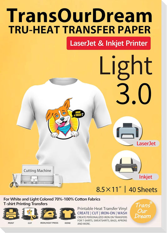 TransOurDream Heat Transfer Paper for Inkjet & Laserjet Printer (40 Sheets, 8.5x11, 3.0) Printable HTV Heat Transfer Vinyl for T Shirts Iron on Transfers for Light Fabrics (L3-40)