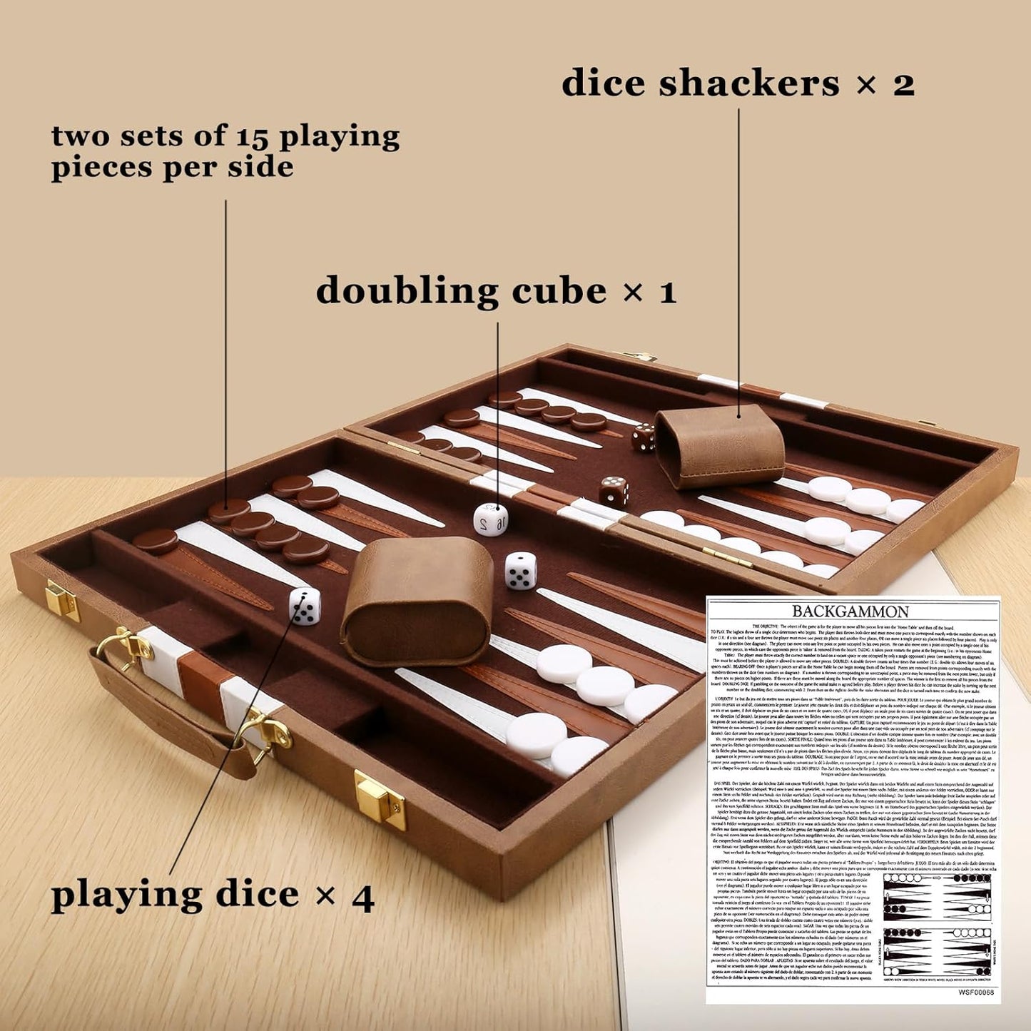 Backgammon Set - Classic Board Game with Premium Leather Case - Portable Travel Strategy Backgammon Game Set for Adults, Kids (18inch, Khaki)