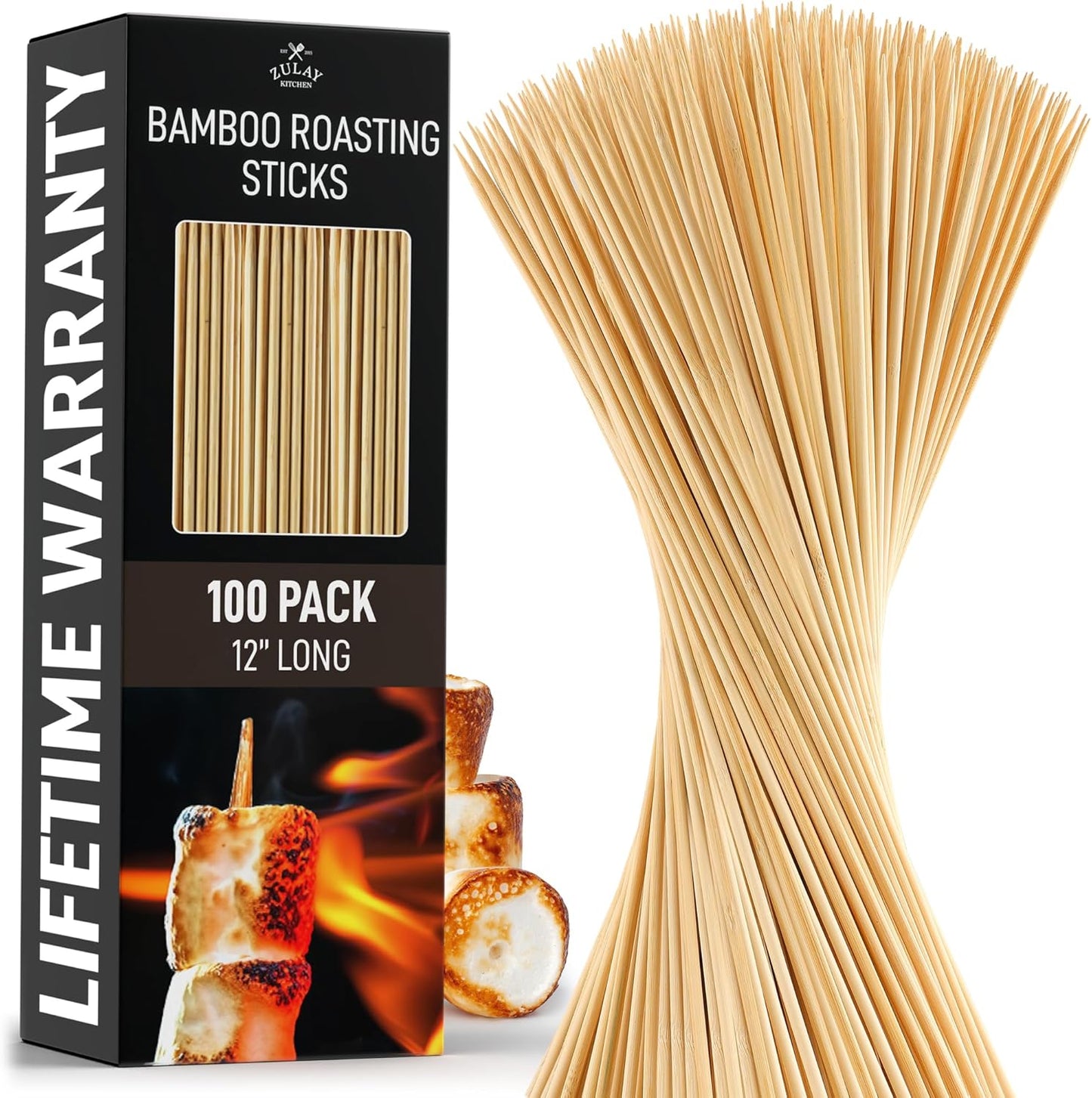 Zulay Kitchen Authentic Bamboo Skewers - 100, 12" Roasting Sticks - 5mm Heavy-Duty Bamboo Skewers - Thick Bbq Sticks - Ideal for Grilling & Camping