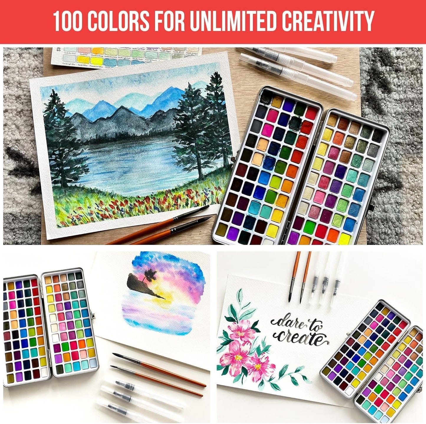 Premium Watercolor Paint Set Bundle with 100 Bright Colors & Paper Pad for Beginners & Professional – Painting Kit & Art Supplies for Adults – Travel Watercolor Set with Metallic Watercolor Paints