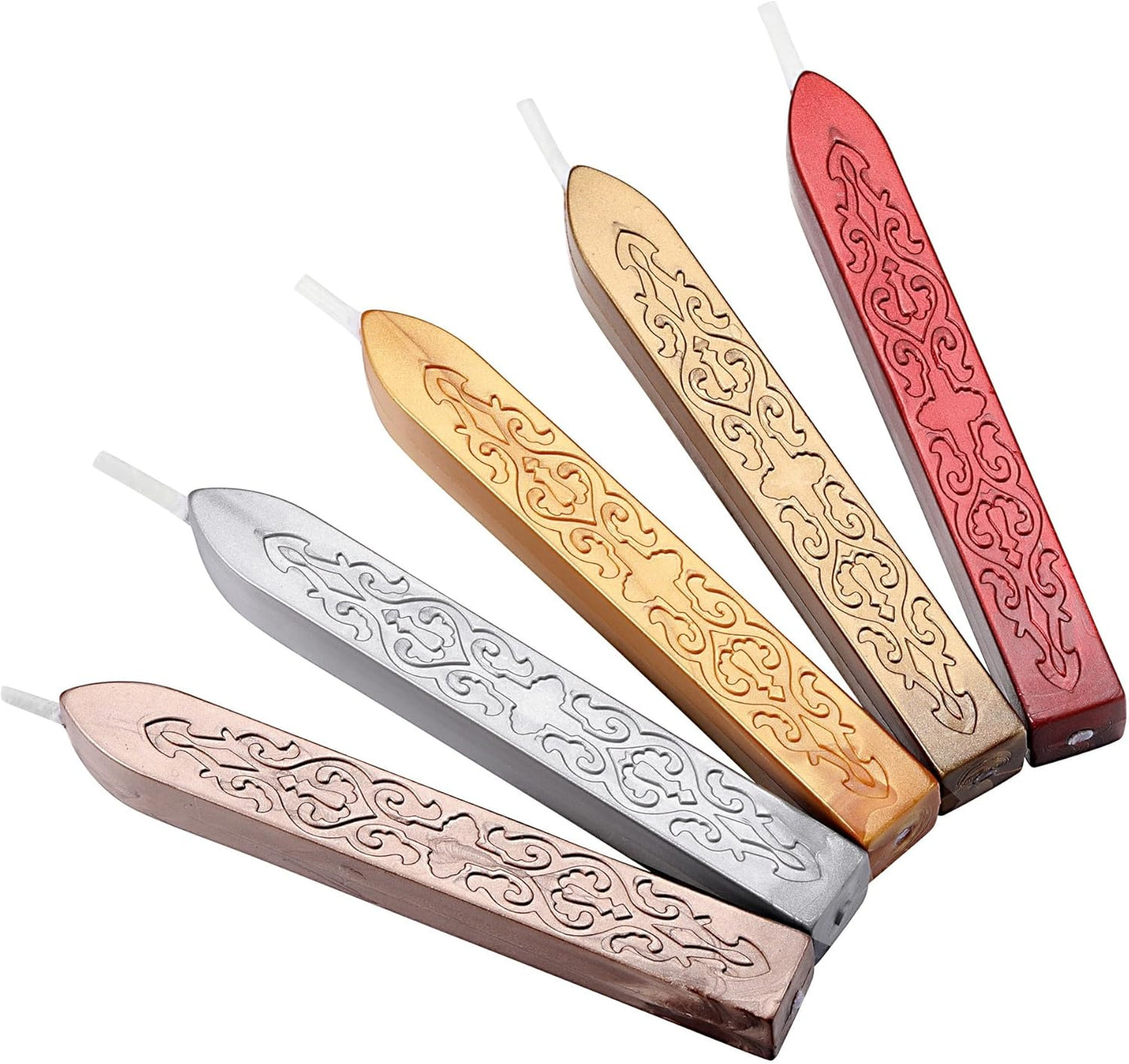 Yoption 5 Pcs Sealing Wax Sticks with Wicks for Wax Seal Stamp, Wedding Invitations, Gift Wrapping, Christmas (Gold, Metallic Red, Antique Gold, Champagne Gold, Silver)