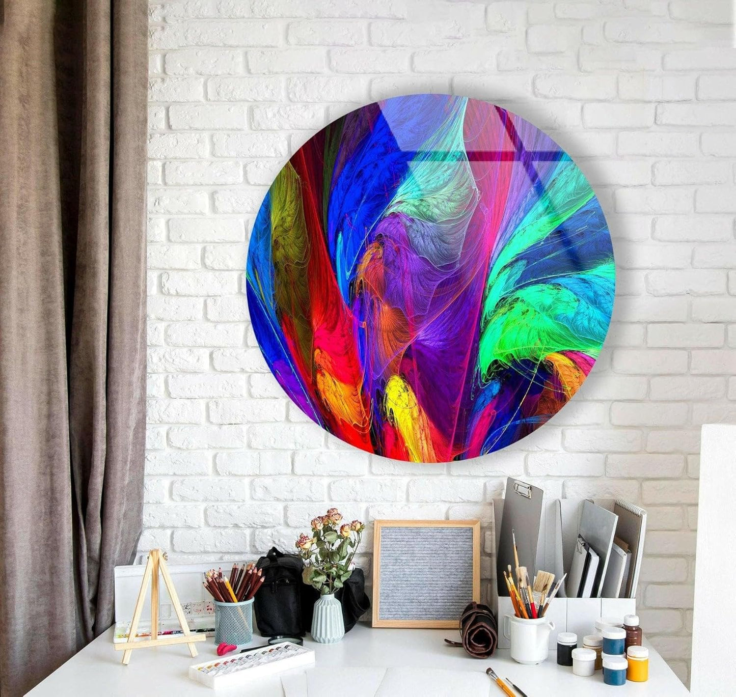 My Photostation.com 10''(25cm) Diameter Neon Colors Abstract Round Glass Wall Art Tempered Glass Printing Wall Decor Large Wall Art Wall Hangings