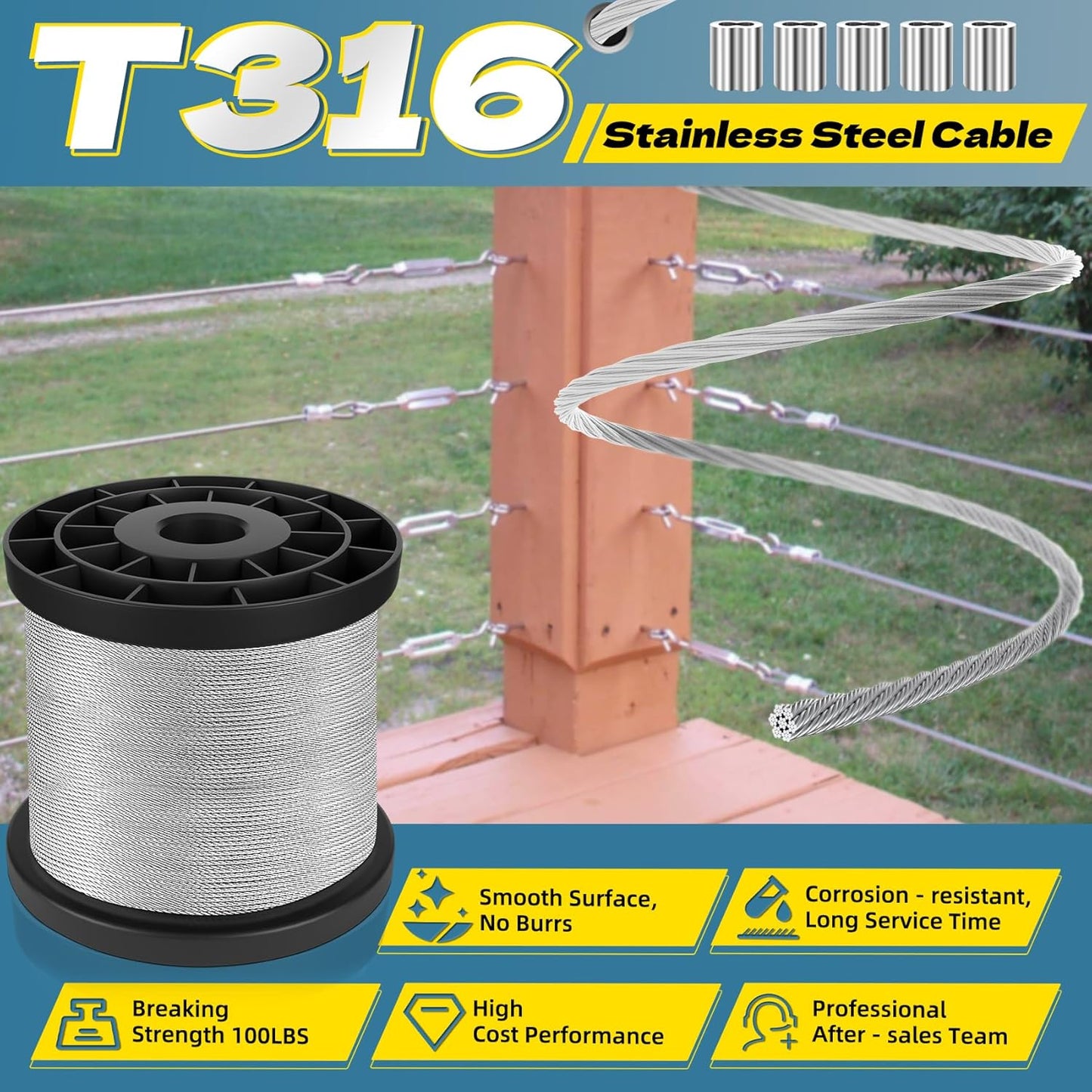 316 Stainless Steel Cable, 200FT 1/32IN Wire Rope with 50Pcs Aluminum Sleeves Stops, for String Lights Hanging, Clotheslines, Trellis Wire