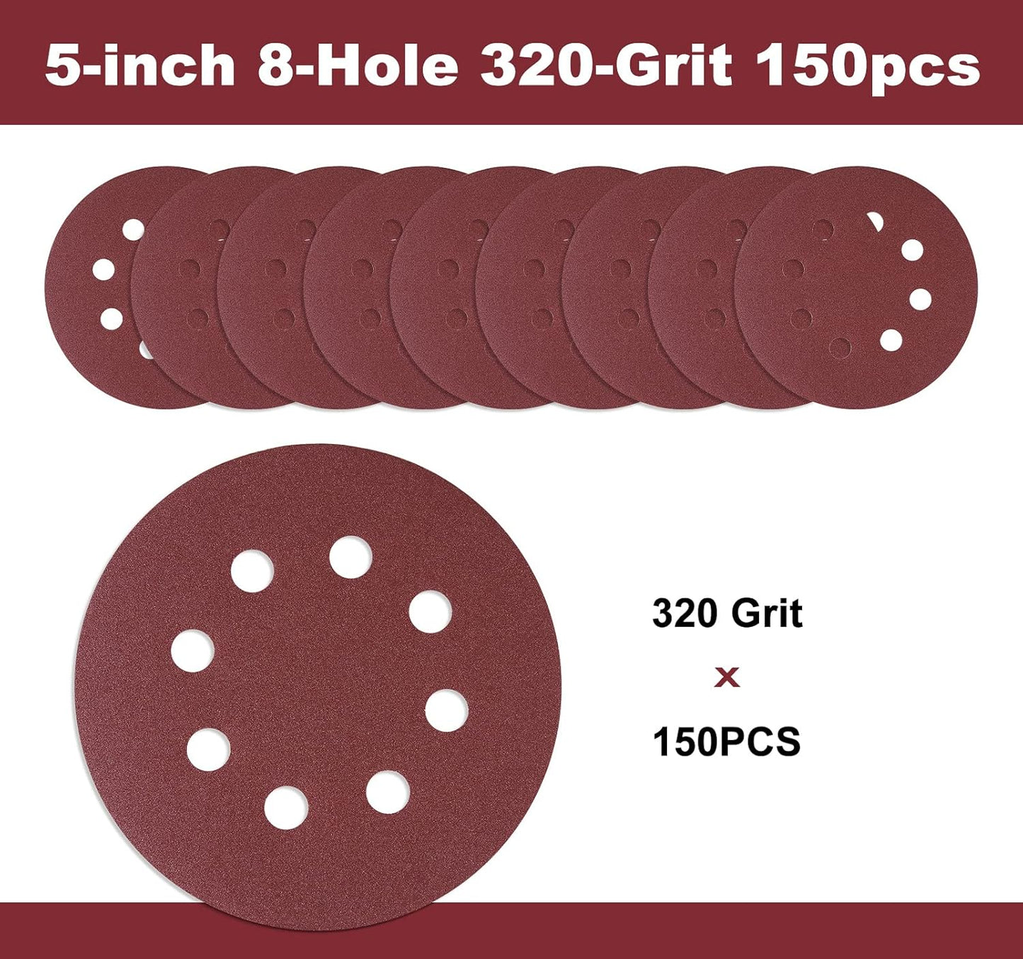 S SATC 150 PCS Sanding Discs 5-Inch 8-Hole Hook and Loop 320 Grit Sandpaper for Random Orbital Sander