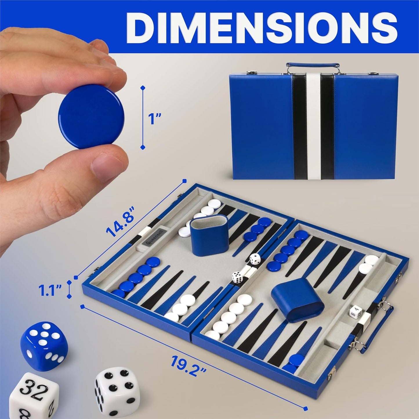 Backgammon Sets for Adults – 15-Inch PU Leather Board Game – Classic 2-Player Travel Backgammon Set with 32 Playing Pieces, Dice, and Cups
