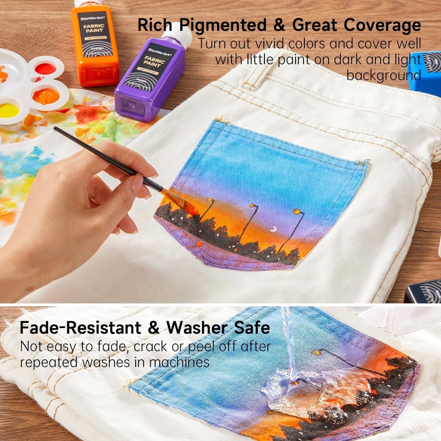 Shuttle Art Fabric Paint 24 Colors Permanent Soft Fabric Paint in Bottles (60ml/2oz) with Brushes &Stencils, Non-Toxic Textile Paint for T-Shirts, Shoes, Jeans, Bags, DIY Projects & Crafts