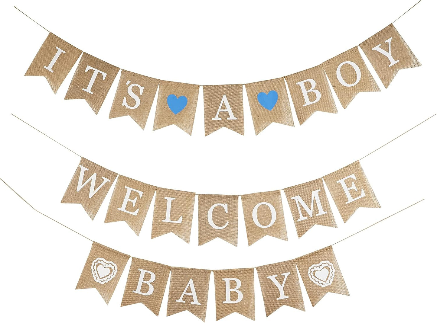 MEEDEE Welcome Baby Banner - It's A Boy Burlap Shower Decorations, Rustic Hanging Bunting for Safari Theme, 3 Pieces