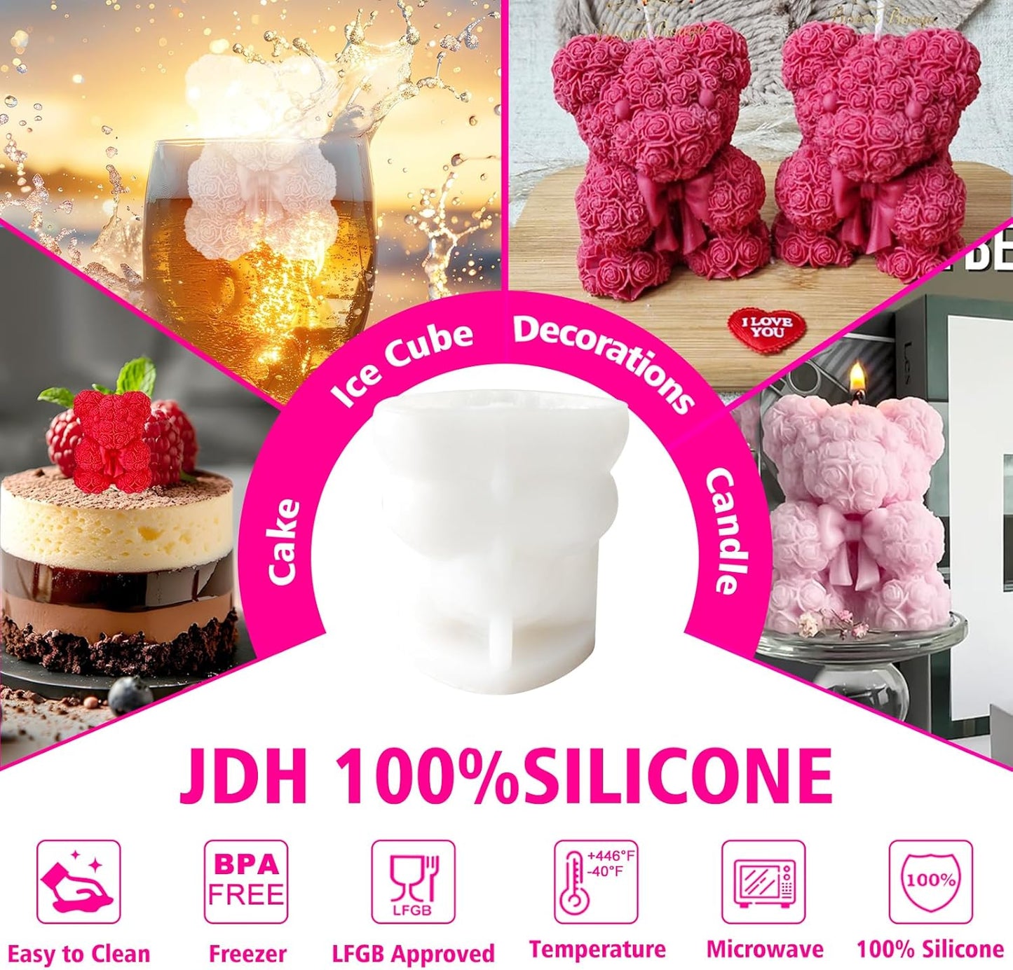 3D Bowtie Rose Bear Candle Mold - Teddy Bear Silicone Mold for DIY Handmade Soaps, Epoxy Resin Crafts, Father's Day Gifts, Birthday Gifts, Valentine's Day Gifts & Home Decorations