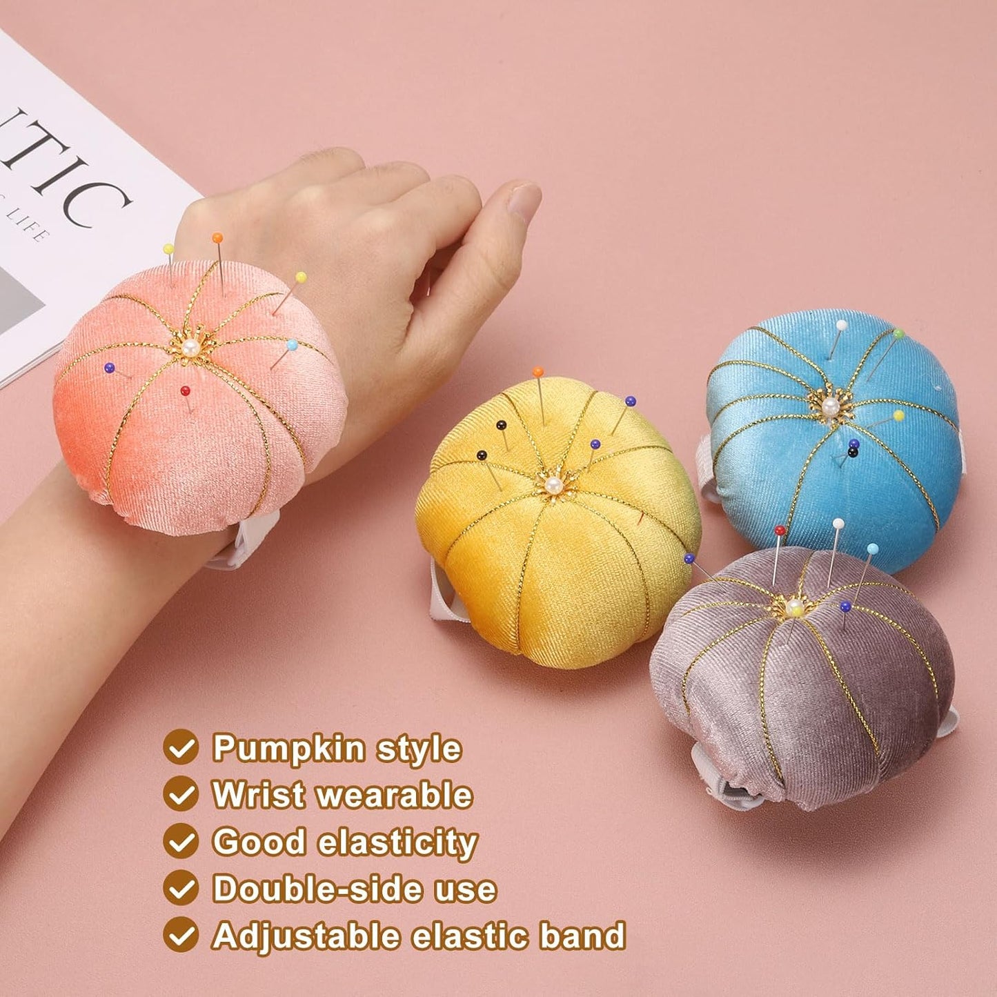 HARFINGTON Wrist Pin Cushion Wristband Sewing Pincushion Polyester Pin Holder Wearable Pumpkin Shaped Needles Wristband for Sewing Quilting Needlework DIY Crafts, Yellow