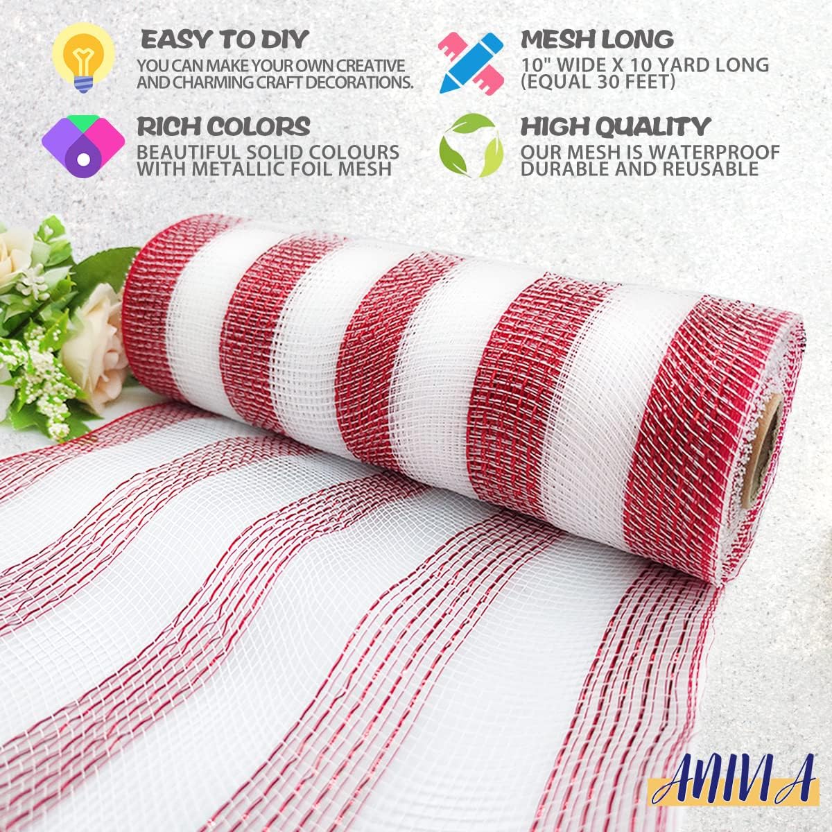 Anivia Deco Mesh Ribbon, 10inch x 30 Feet Each Roll Metallic Foil Mesh Ribbon for Wreaths Swags, Holloween, and Christmas Tree Decoration (Red&White)