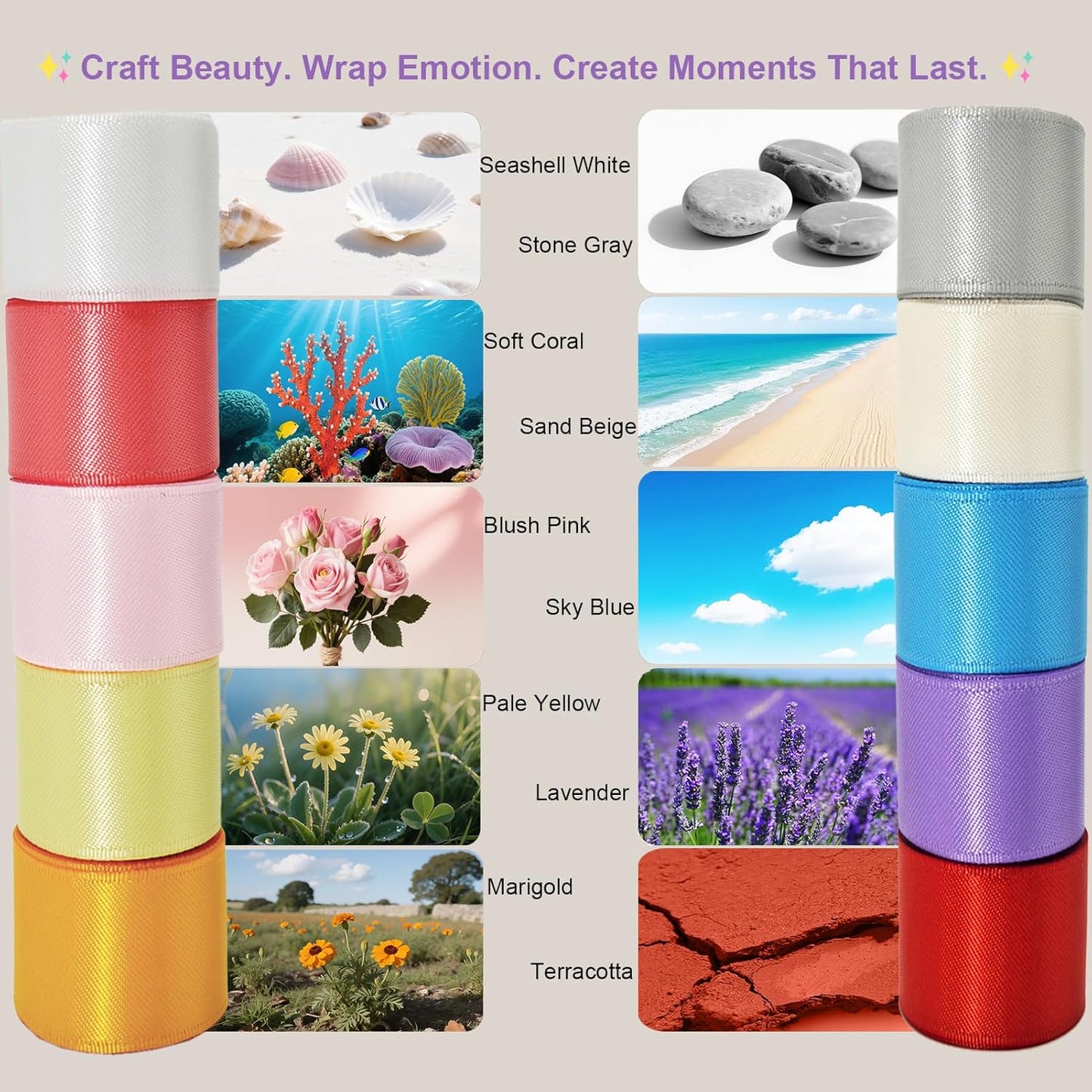 5/8 Double-Faced Satin Ribbon 50 Yards Set,“Morning Meadow”–10 Nature Colored Ribbon Bulk for Gift Wrapping, Crafts, Flower Bouquet, Easter, Wedding, Party Decor, Teacher Kids, Hair & Bows